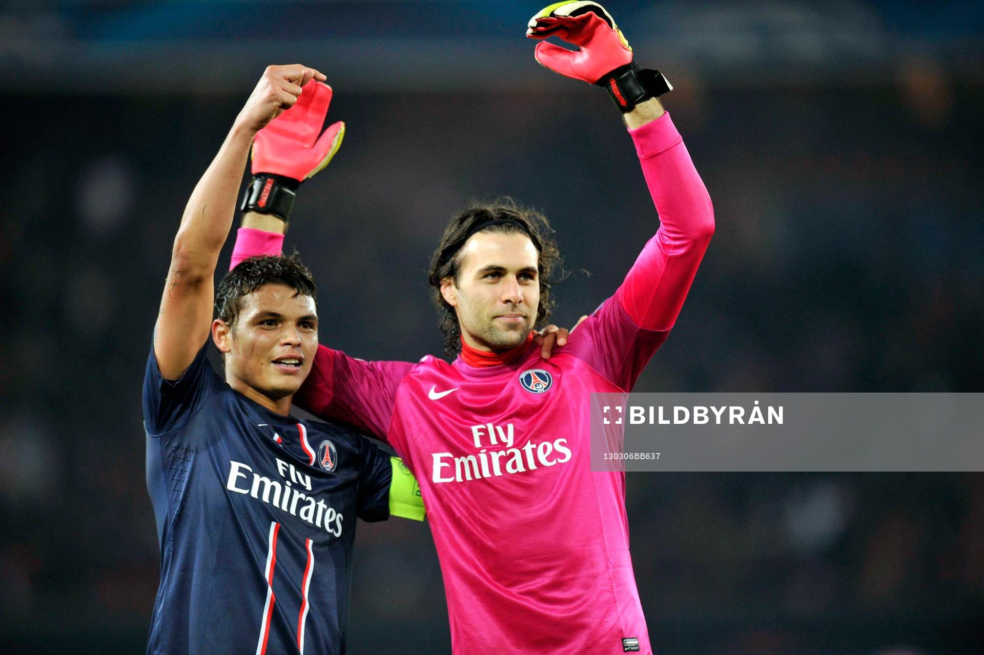 Fotboll, Champions League, PSG - Valencia: Thiago SILVA / Salvatore SIRIGU - 06.03.2013 - Paris Saint Germain / Valence - 1/8Finale retour Champions League