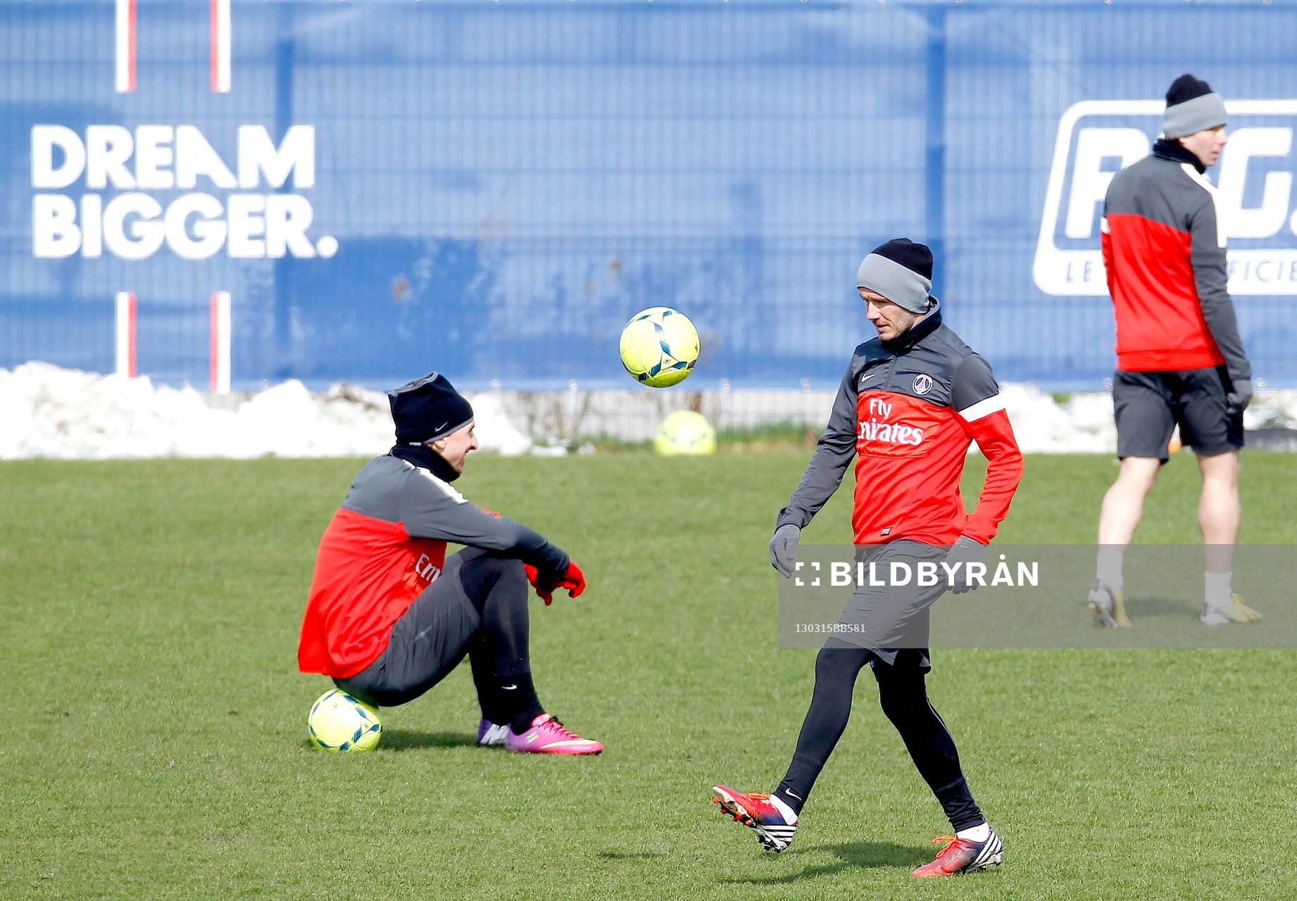  Fotboll, Paris SG, Träning: ZLATAN IBRAHIMOVIC / DAVID BECKHAM - 15.03.2013 - Entrainement du Paris Saint Germain -Camp des Loges- 
