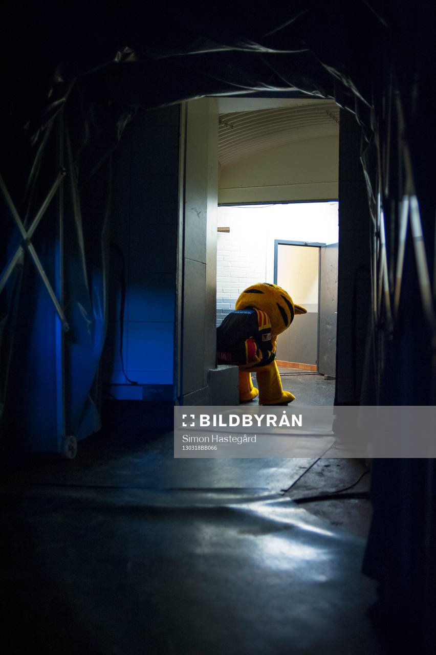 Brynäs maskot väntar på att få göra introt för laget