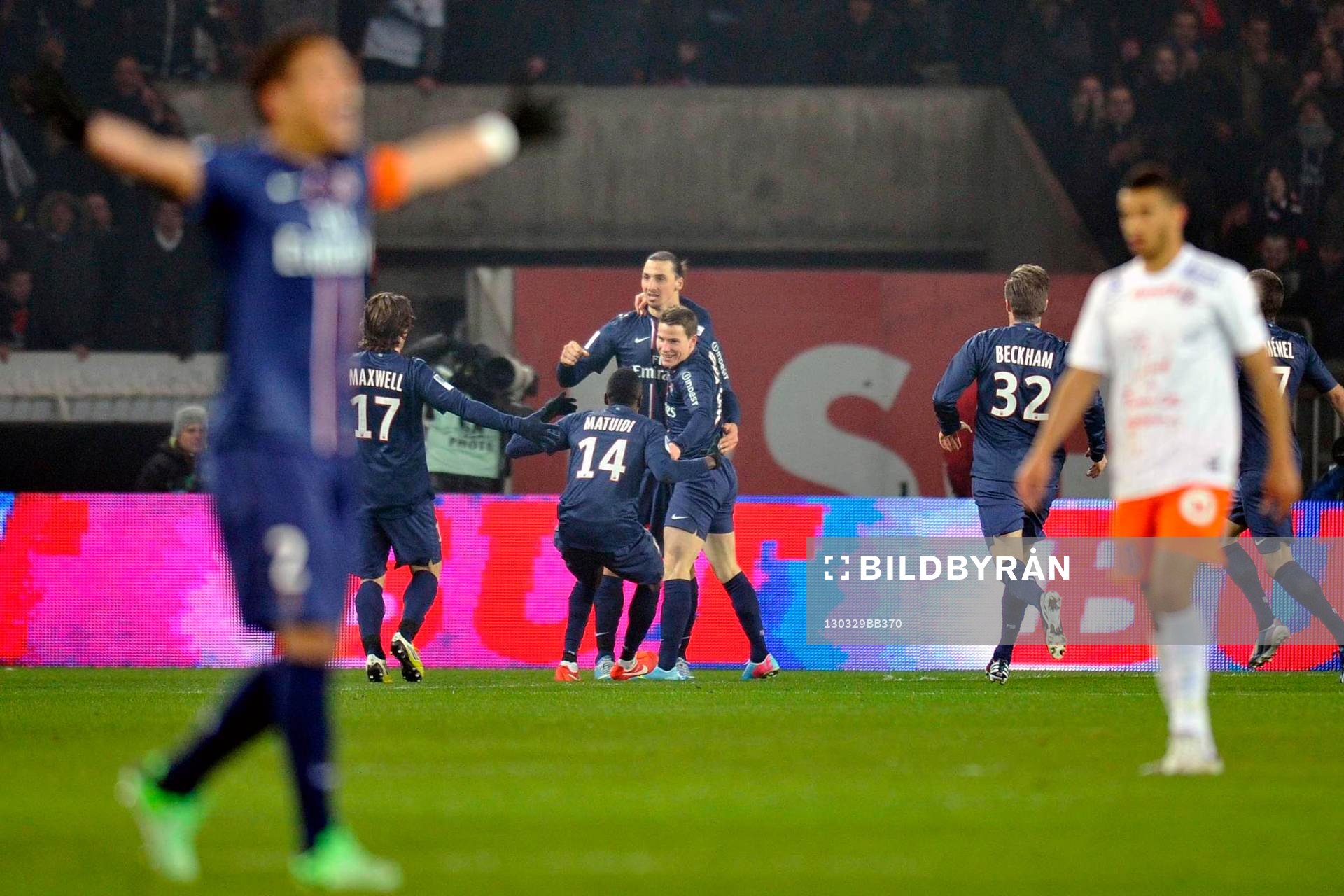 Fotboll, Franska ligan, Paris Saint Germain - Montpellier: Joie de Kevin GAMEIRO / Zlatan IBRAHIMOVIC - 29.03.2013 - Paris Saint Germain / Montpellier - 30e journee de Ligue1