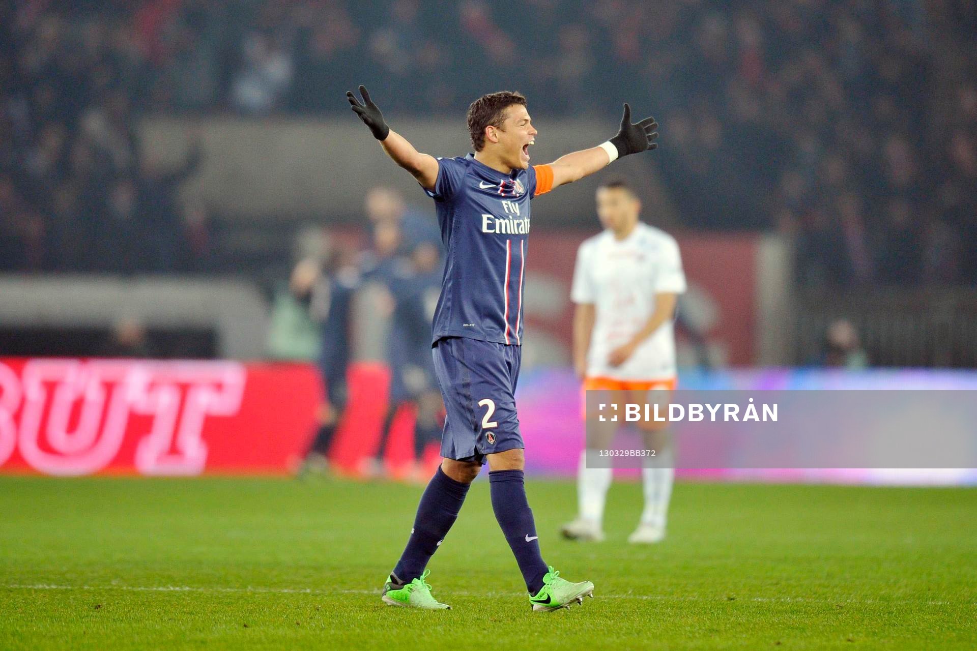 Fotboll, Franska ligan, Paris Saint Germain - Montpellier: Joie de Thiago SILVA - 29.03.2013 - Paris Saint Germain / Montpellier - 30e journee de Ligue1