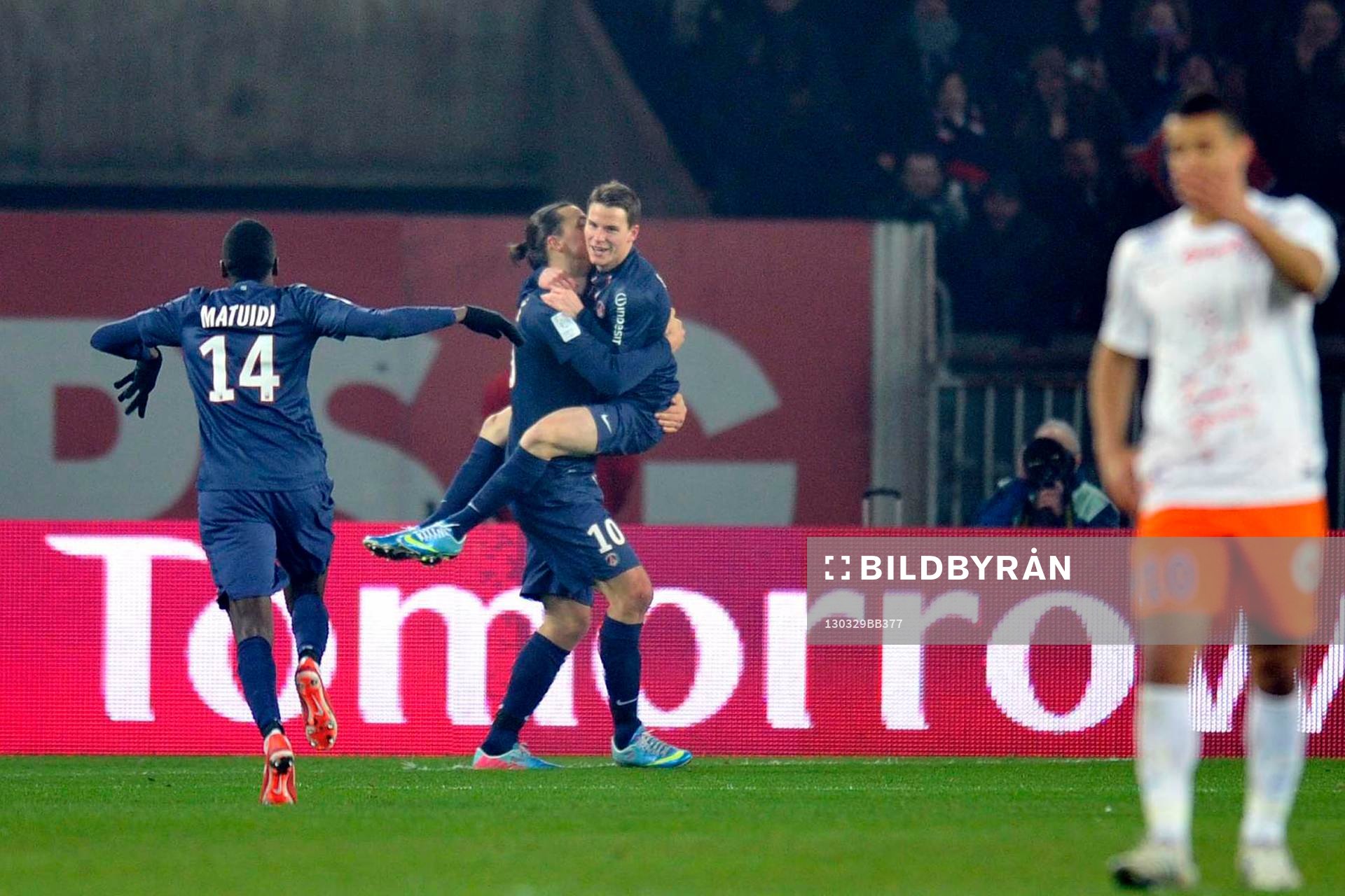 Fotboll, Franska ligan, Paris Saint Germain - Montpellier: Joie de Kevin GAMEIRO / Zlatan IBRAHIMOVIC - 29.03.2013 - Paris Saint Germain / Montpellier - 30e journee de Ligue1