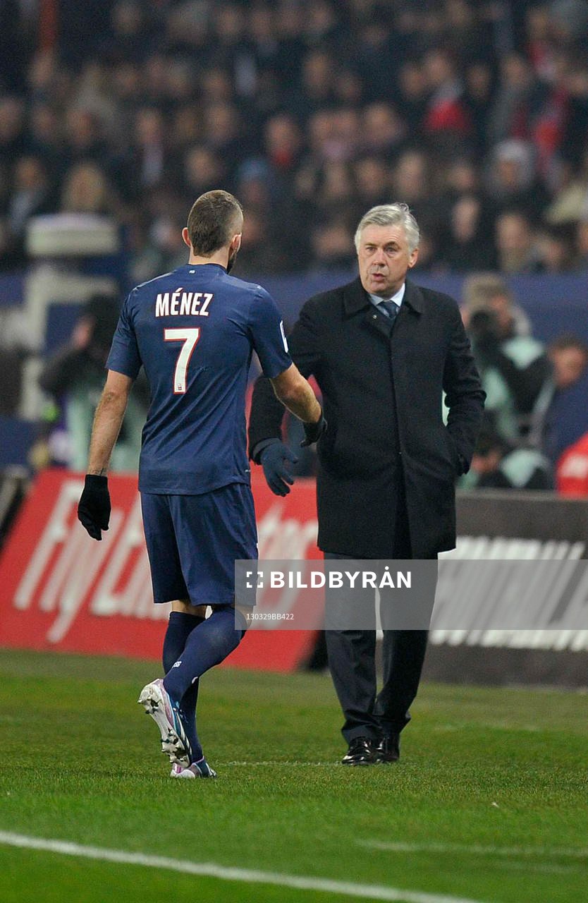 Fotboll, Franska ligan, Paris Saint Germain - Montpellier: Jeremy MENEZ / Carlo ANCELOTTI - 29.03.2013 - Paris Saint Germain / Montpellier - 30e journee de Ligue1