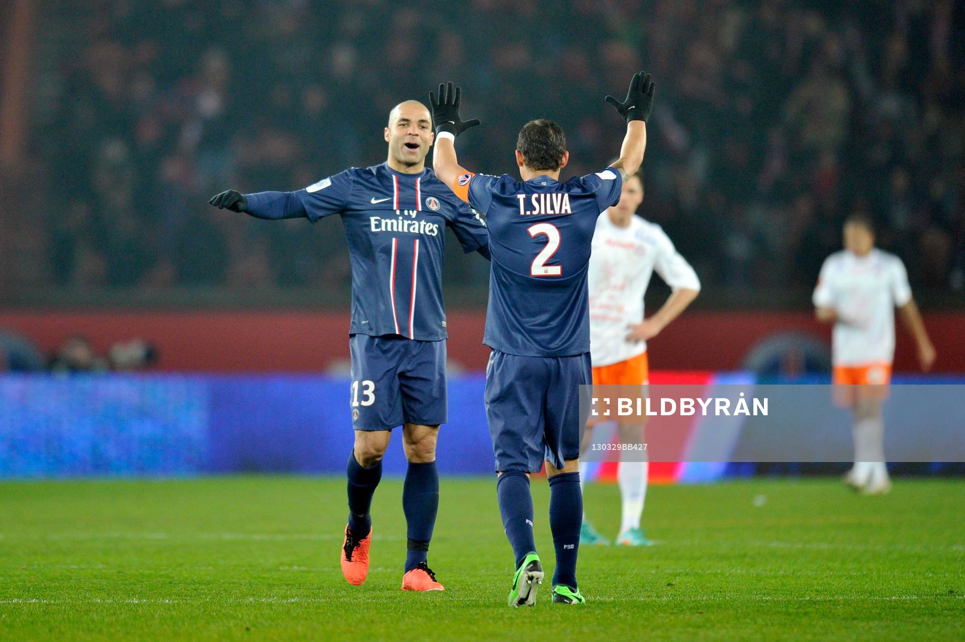 Fotboll, Franska ligan, Paris Saint Germain - Montpellier: Joie de ALEX / Thiago SILVA - 29.03.2013 - Paris Saint Germain / Montpellier - 30e journee de Ligue1