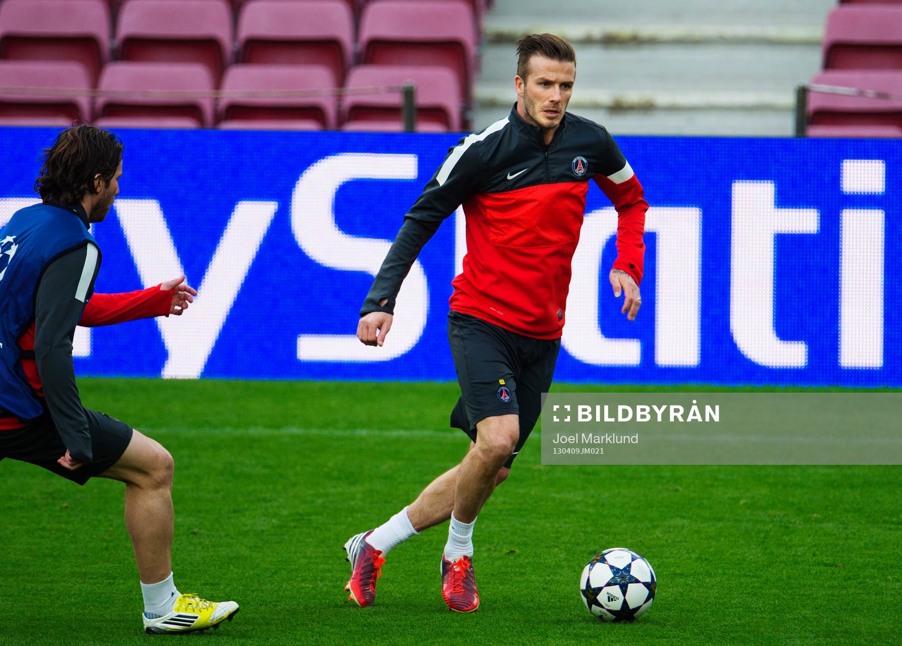 Fotboll, Champions League, träning inför Barcelona - Paris Saint Germain: David Beckham.