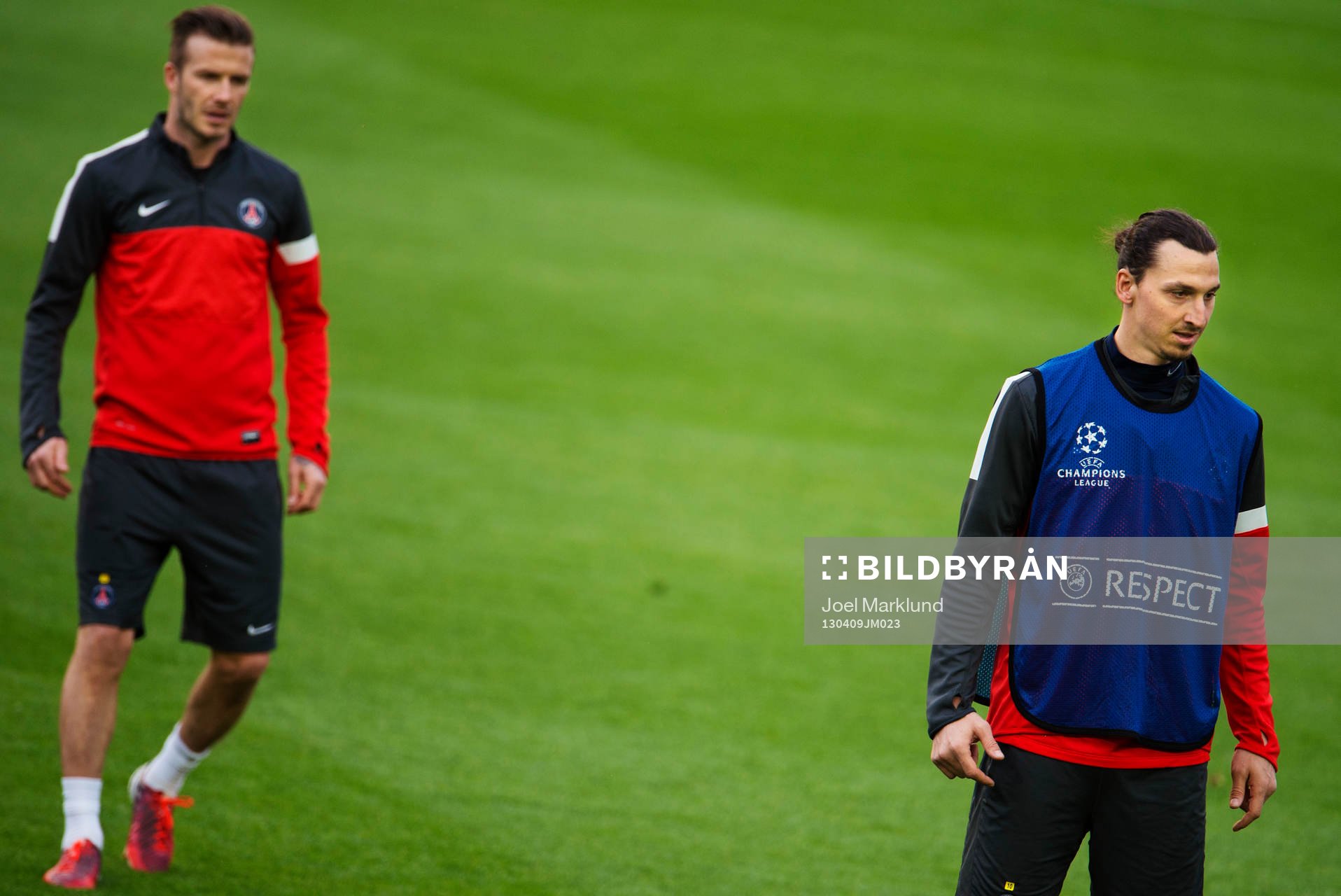 Fotboll, Champions League, träning inför Barcelona - Paris Saint Germain: David Beckham och Zlatan Ibrahimovic under träningen.