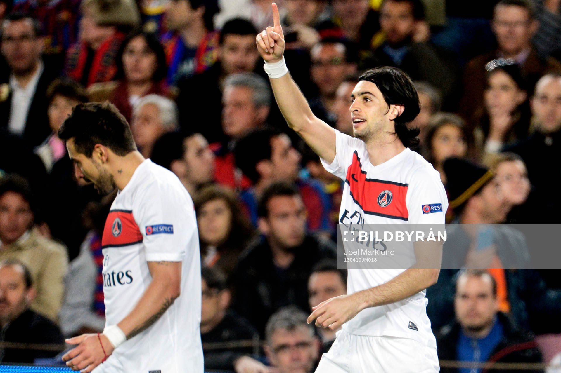 Fotboll, Champions League, kvartsfinal, Barcelona - Paris Saint Germain: Javier Pastore, Paris SG jublar efter att ha gjort 0-1.