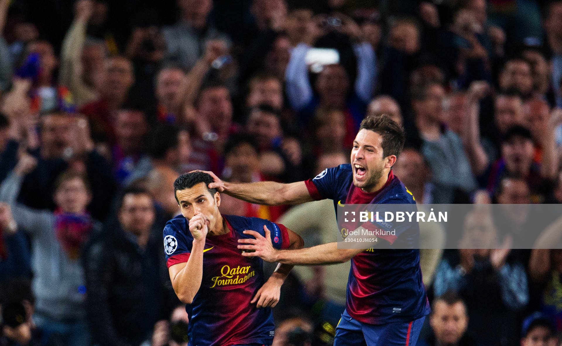 Fotboll, Champions League, kvartsfinal, Barcelona - Paris Saint Germain: Pedro Rodriguez och Jordi Alba, Barcelona, jublar efter kvitteringen till 1-1.