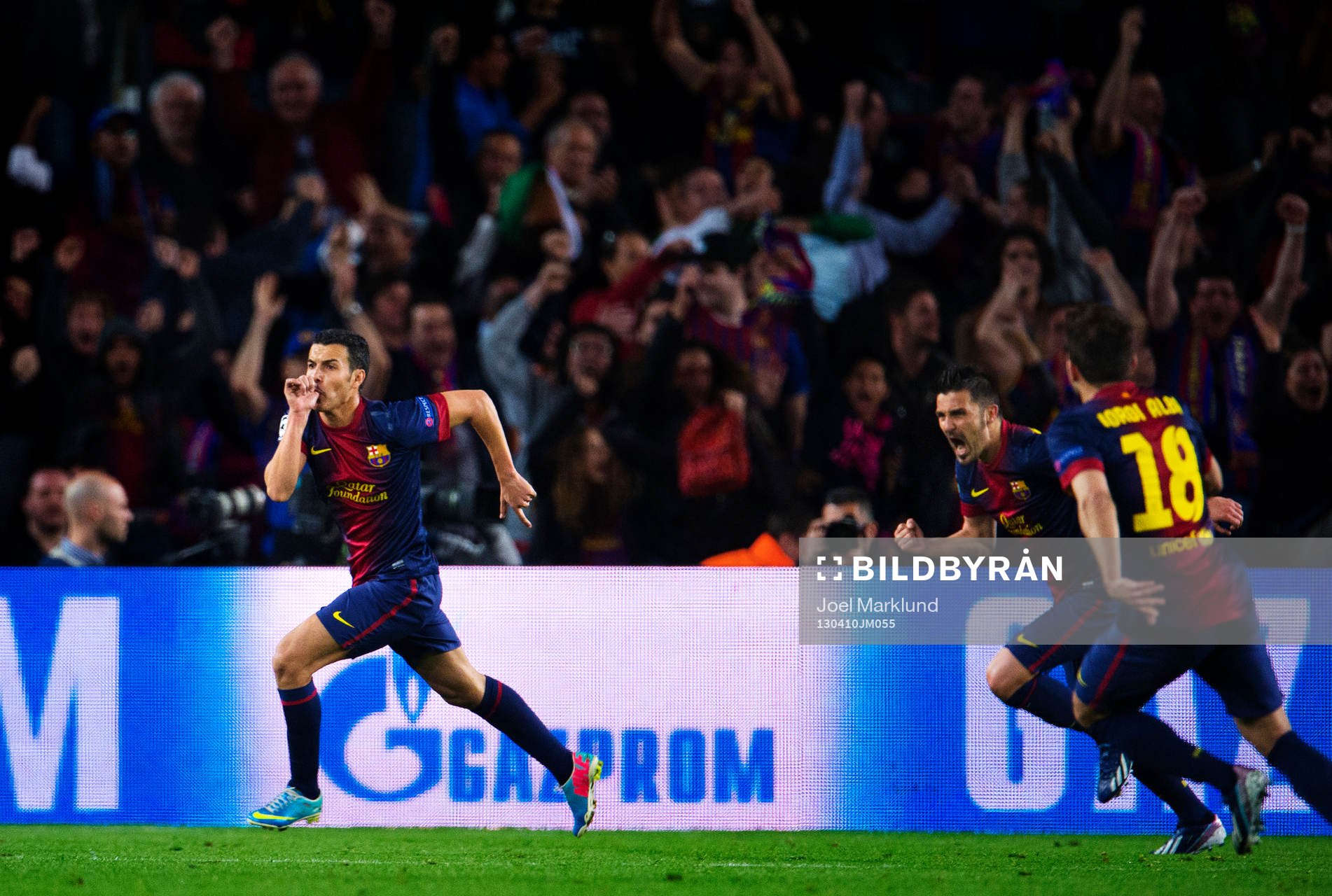 Fotboll, Champions League, kvartsfinal, Barcelona - Paris Saint Germain: Pedro Rodriguez, David Villa och Jordi Alba, Barcelona, jublar efter kvitteringen till 1-1.