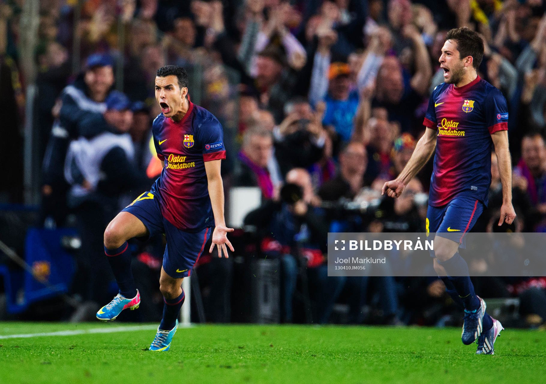 Fotboll, Champions League, kvartsfinal, Barcelona - Paris Saint Germain: Pedro Rodriguez och Jordi Alba, Barcelona, jublar efter kvitteringen till 1-1.