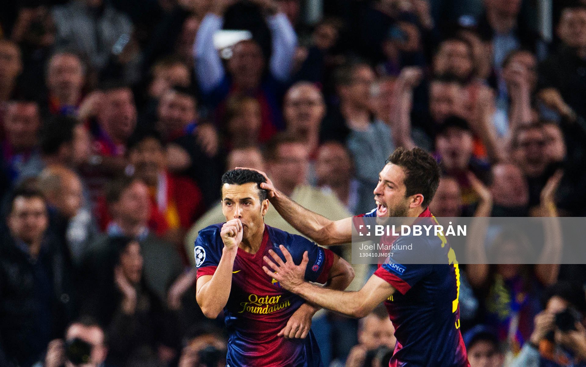 Fotboll, Champions League, kvartsfinal, Barcelona - Paris Saint Germain: Pedro Rodriguez och Jordi Alba, Barcelona, jublar efter kvitteringen till 1-1.