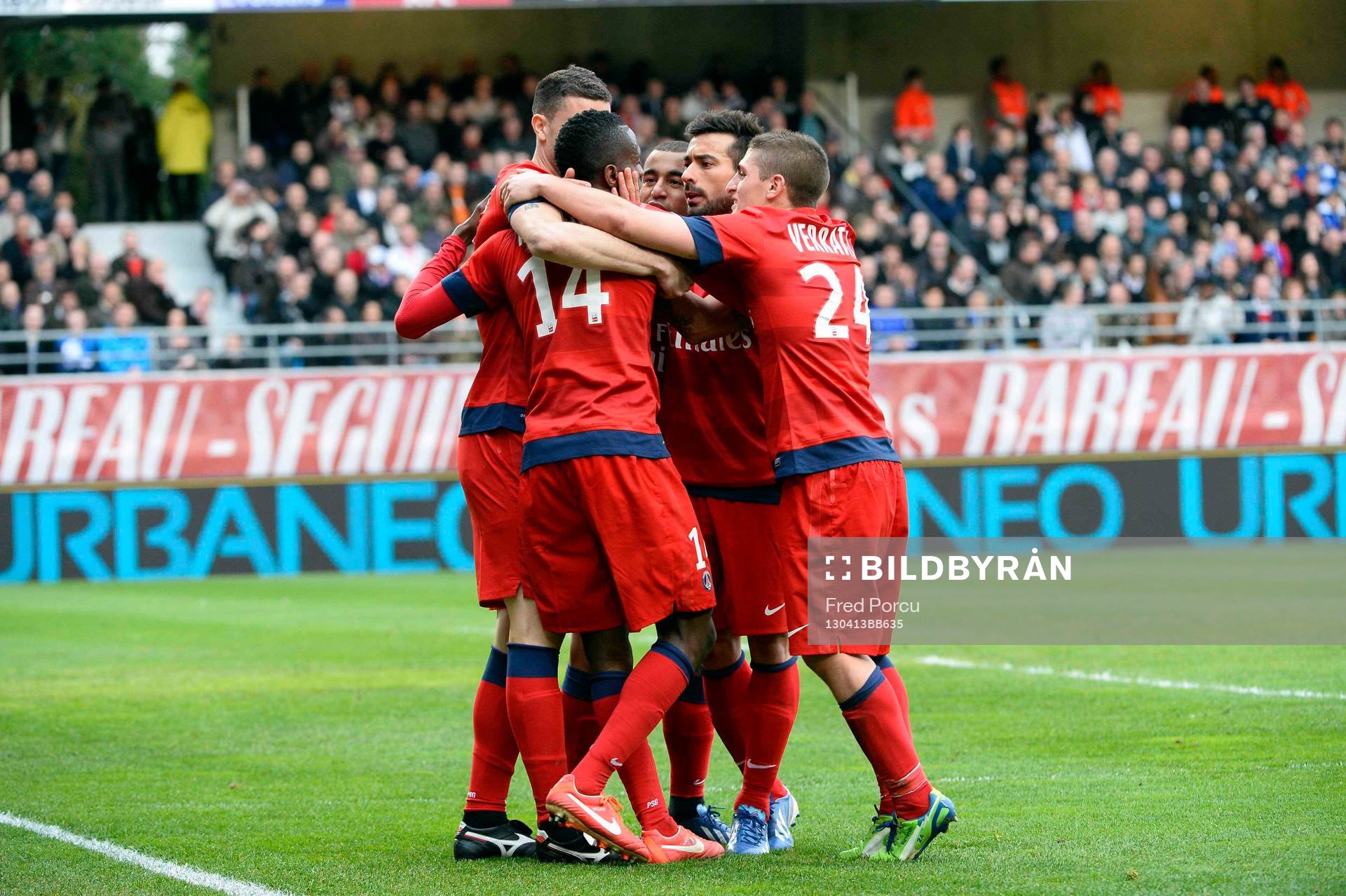  Fotboll, Franska ligan, Troyes - PSG: Blaise MATUIDI / Lucas MOURA / Ezequiel LAVEZZI - 13.04.2013 - Troyes / Paris Saint Germain - 32eme  Journee de Ligue 1 