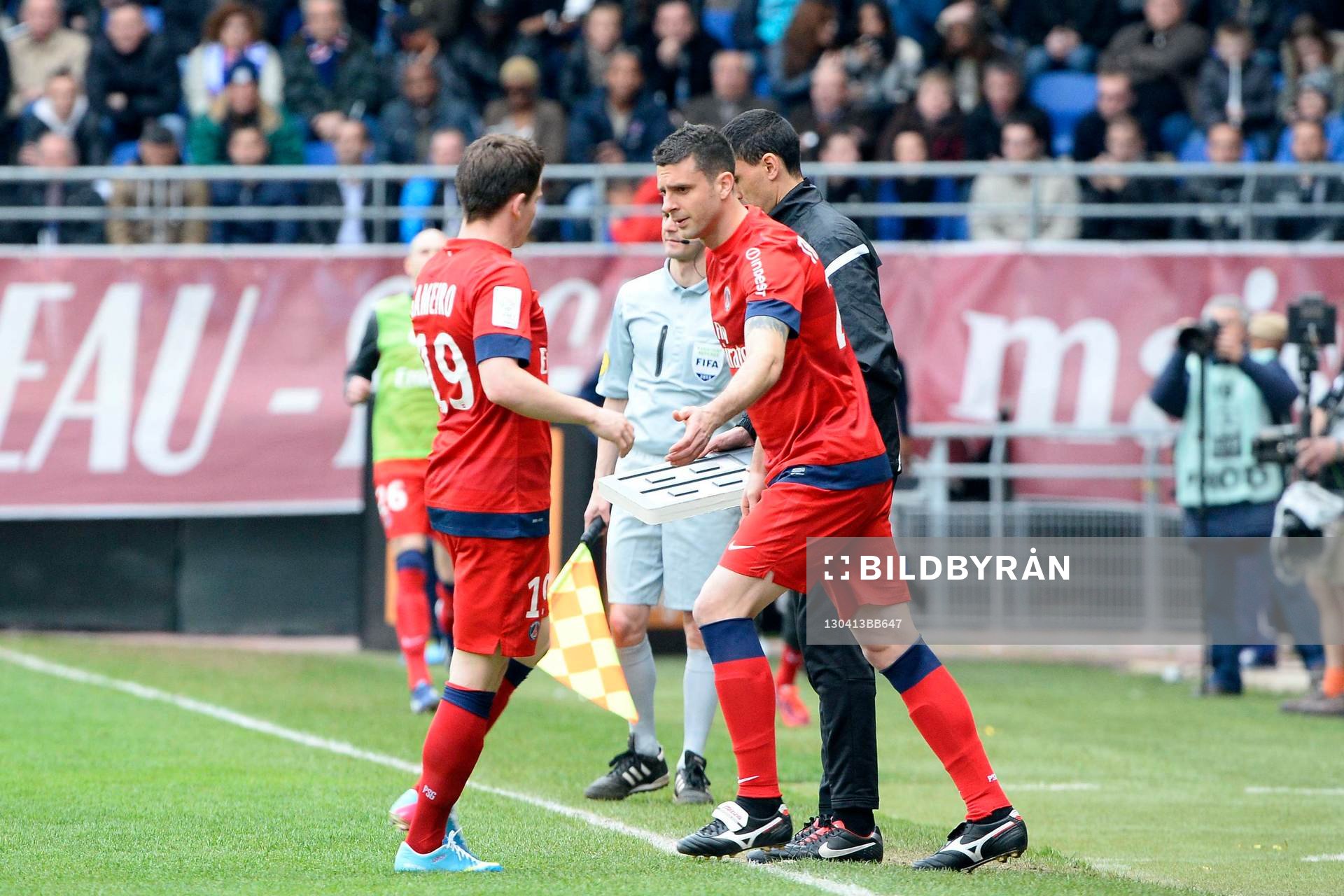  Fotboll, Franska ligan, Troyes - PSG: Thiago MOTTA / Kevin GAMEIRO - 13.04.2013 - Troyes / Paris Saint Germain - 32eme  Journee de Ligue 1 