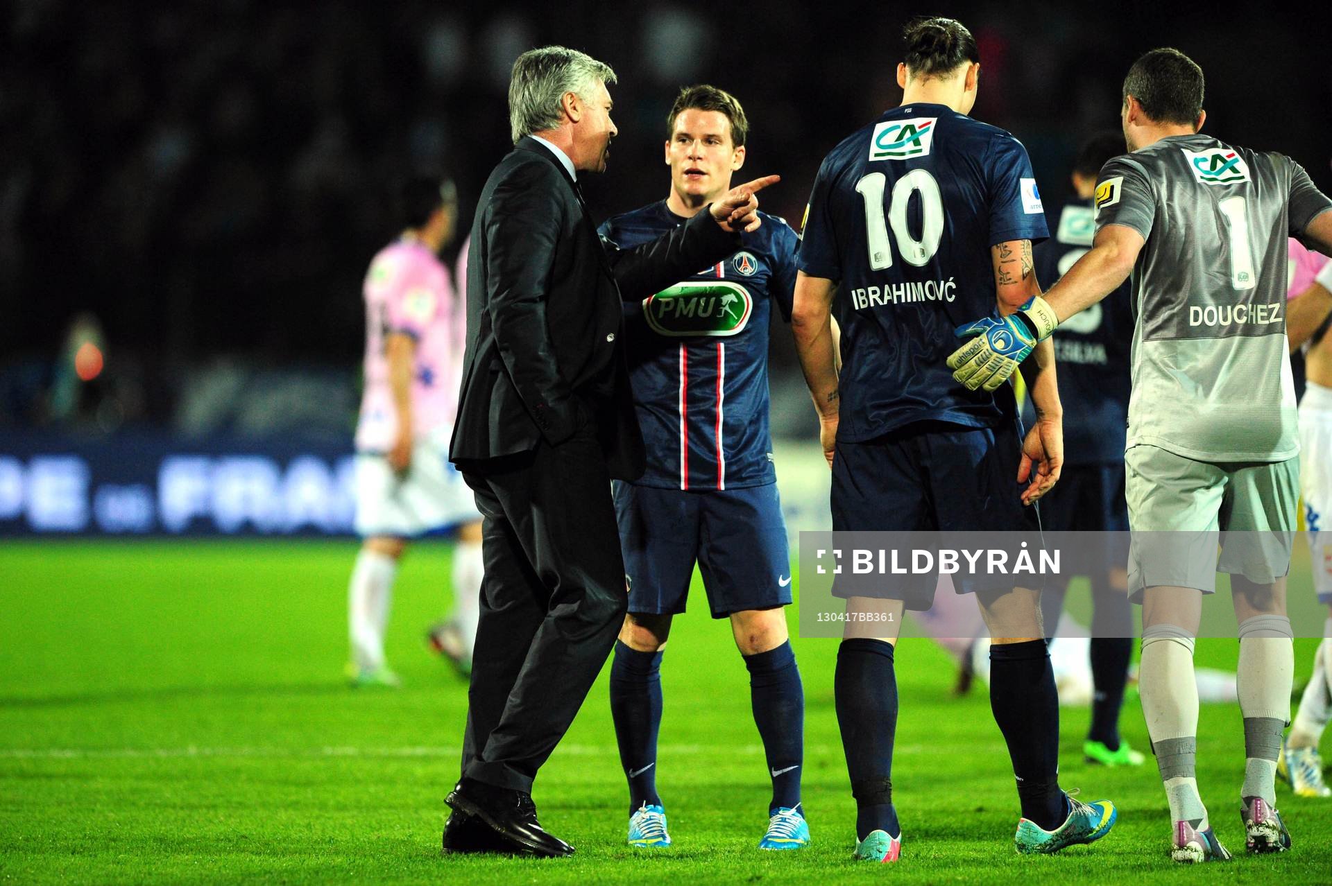 Fotboll, Franska cupen, Evian Thonon - PSG: Carlo ANCELOTTI / Kevin GAMEIRO / Zlatan IBRAHIMOVIC - 17.04.2013 - Evian Thonon / Paris Saint Germain - 1/4Finale Coupe de France