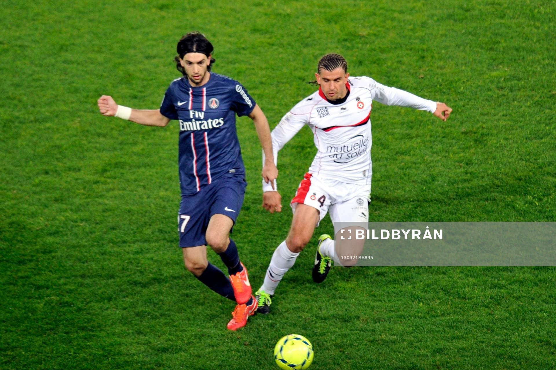  Fotboll, Franska ligan, PSG - Nice: Javier PASTORE / Nemanja PEJCINOVIC - 21.04.2013 - Paris Saint Germain / Nice - 33e journee de Ligue1