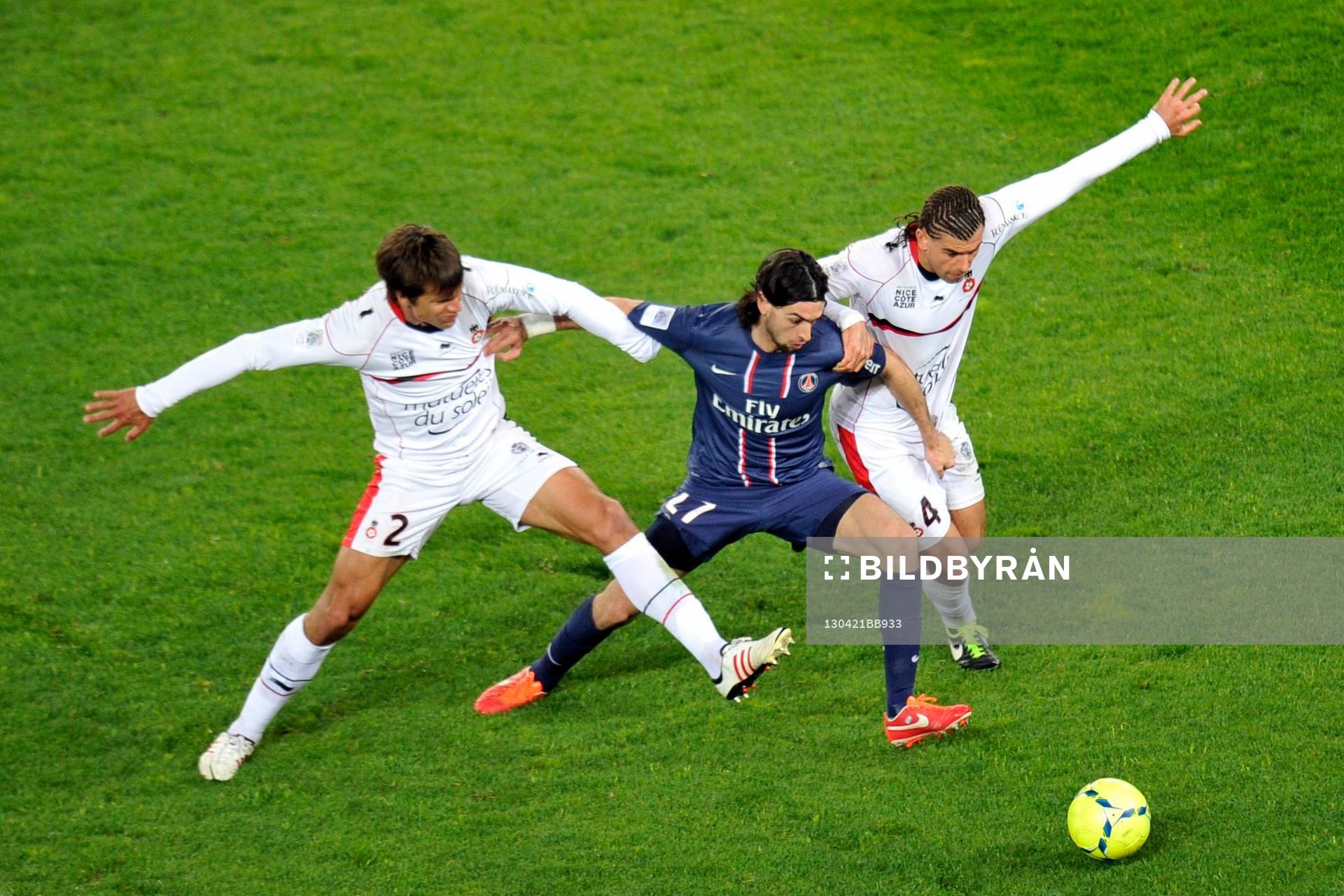  Fotboll, Franska ligan, PSG - Nice: Renato CIVELLI / Javier PASTORE / Nemanja PEJCINOVIC - 21.04.2013 - Paris Saint Germain / Nice - 33e journee de Ligue1