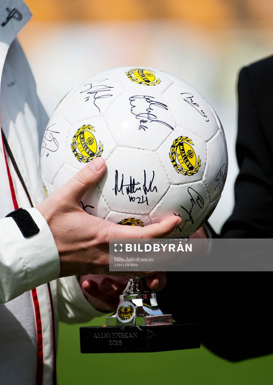 en fotboll signerade av alla spealare i Mjällby