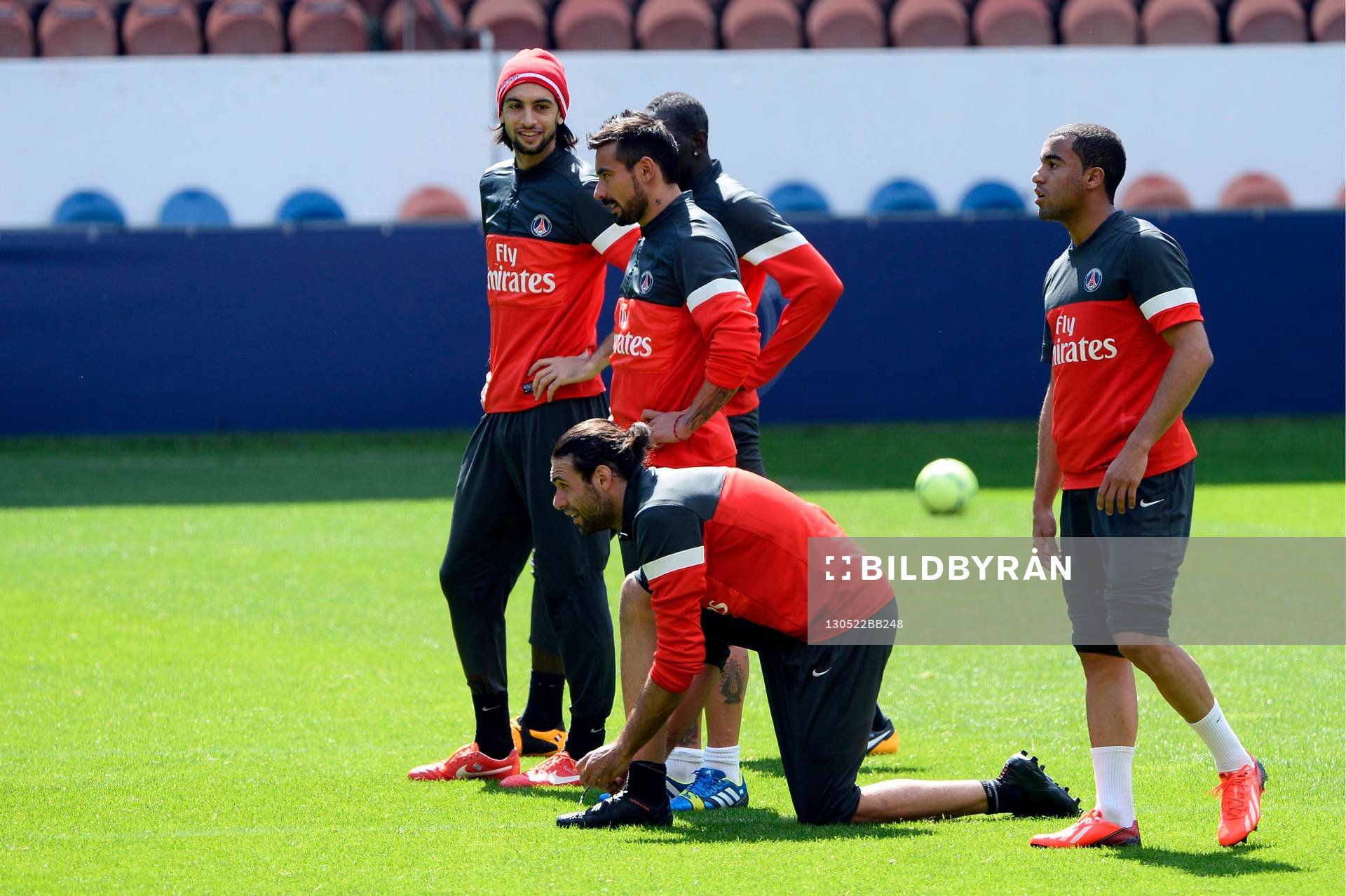 Fotboll, Paris Saint Germain, träning: Ezequiel LAVEZZI / Javier PASTORE / Salvatore SIRIGU / Lucas MOURA - 22.05.2013 - Entrainement du Paris Saint Germain