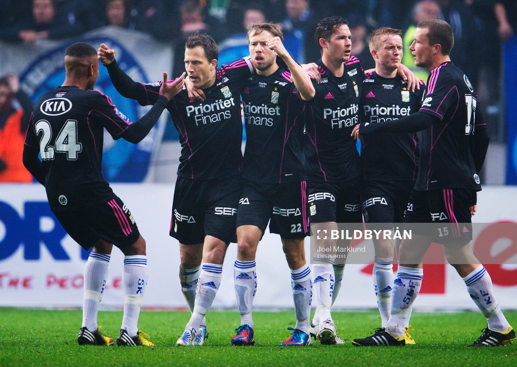IFK Göteborgs Mikael Dyrestam, Tobias Hysén, Adam Johansson, Philip Haglund, Sam Larsson och Jakob Johansson jublar efter 0-1-målet i finalen i Svenska Cupen mellan Djurgården och IFK Göteborg 26 maj 2013 i Stockholm.