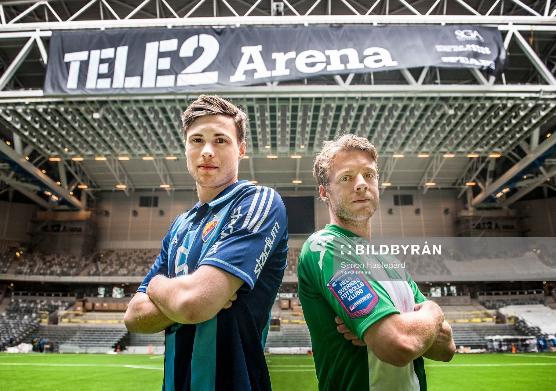 Fotboll, Pressträff på Tele2 arena: Daniel Jarl, Djurgården och Mikael Rynell, Hammarby, poserar inne på Tele2 arena.