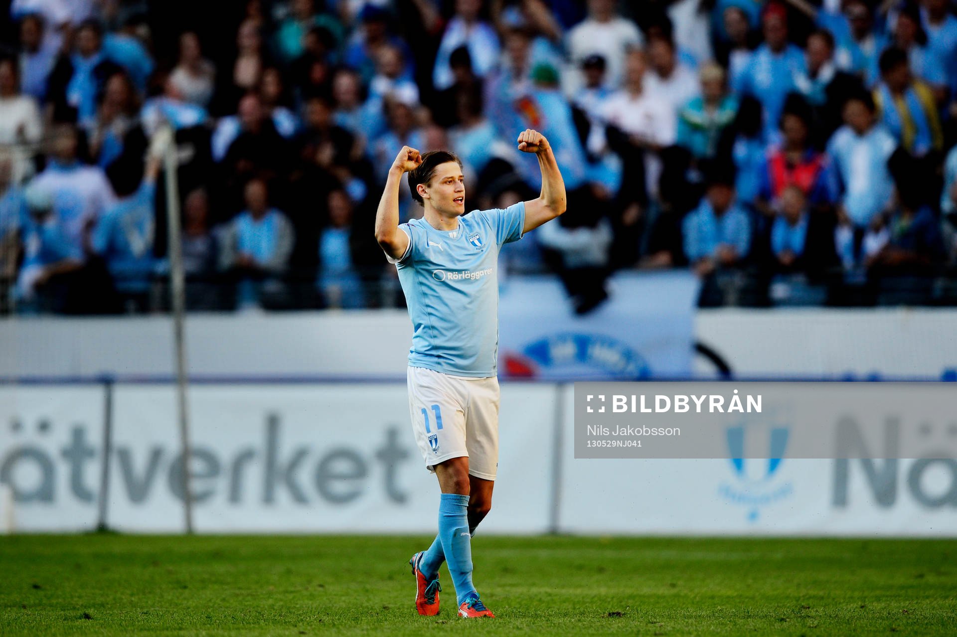 Fotboll, Allsvenskan, Malmö FF - Helsingborg: Simon Thern, Malmö FF, jublar efter 1-0.