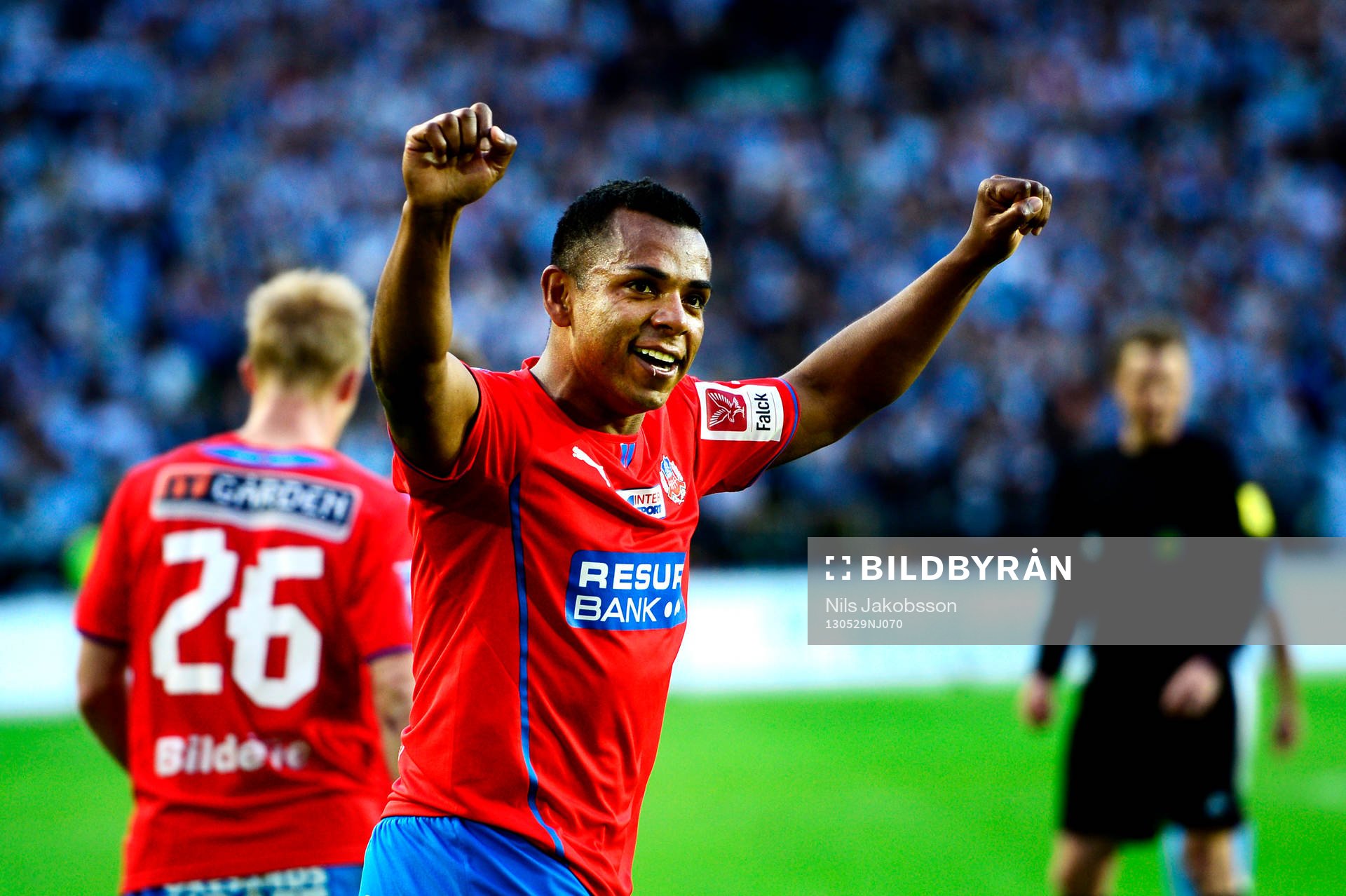 Fotboll, Allsvenskan, Malmö FF - Helsingborg: Álvaro Santos, Helsingborg jublar efter att ha gjort 1-1.