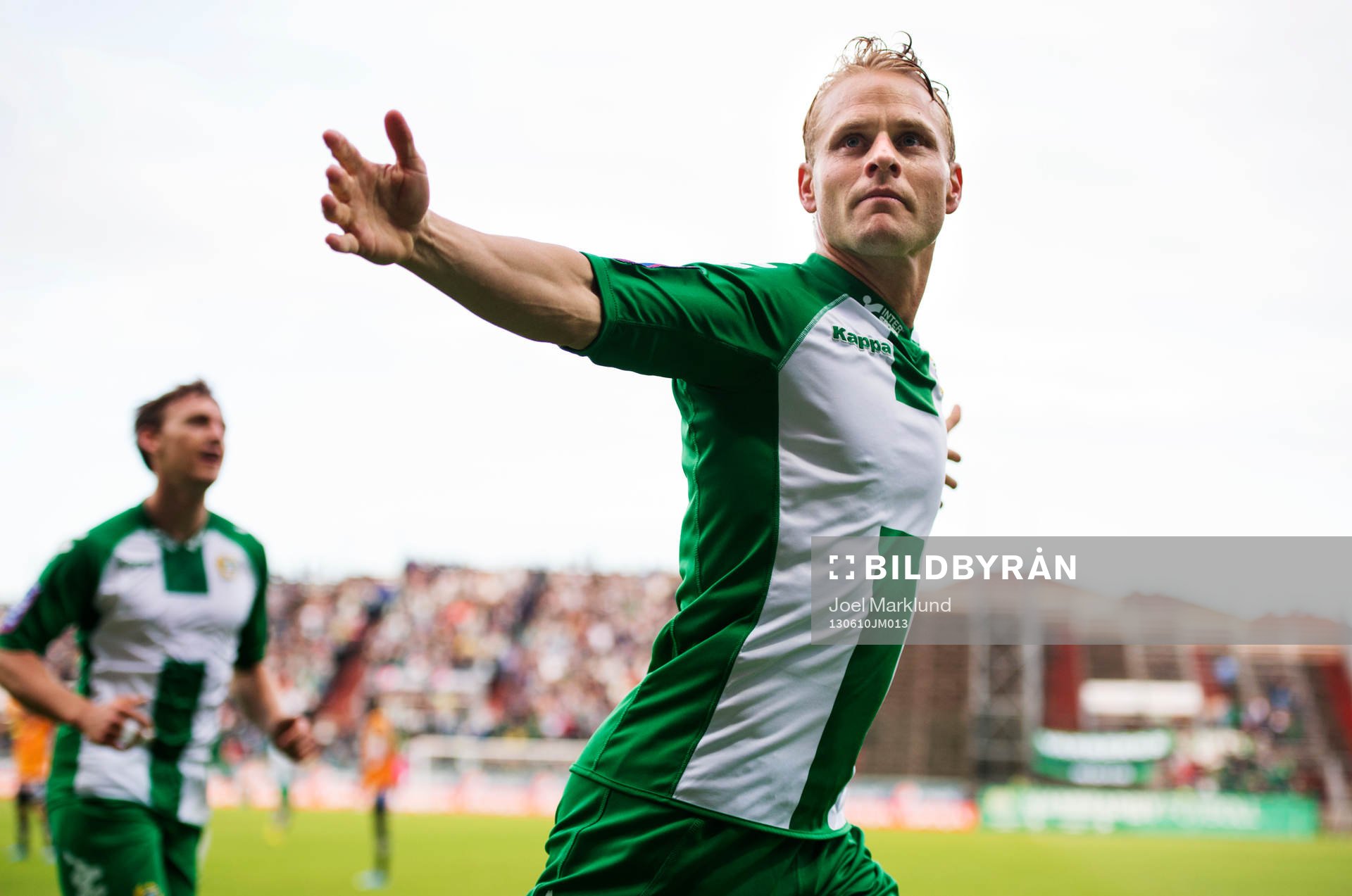 Hammarbys Erik Sundin jublar efter att ha gjort 1-0 i matchen mellan Hammarby och Varberg i Superettan i fotboll 10 juni 2013 i Stockholm.