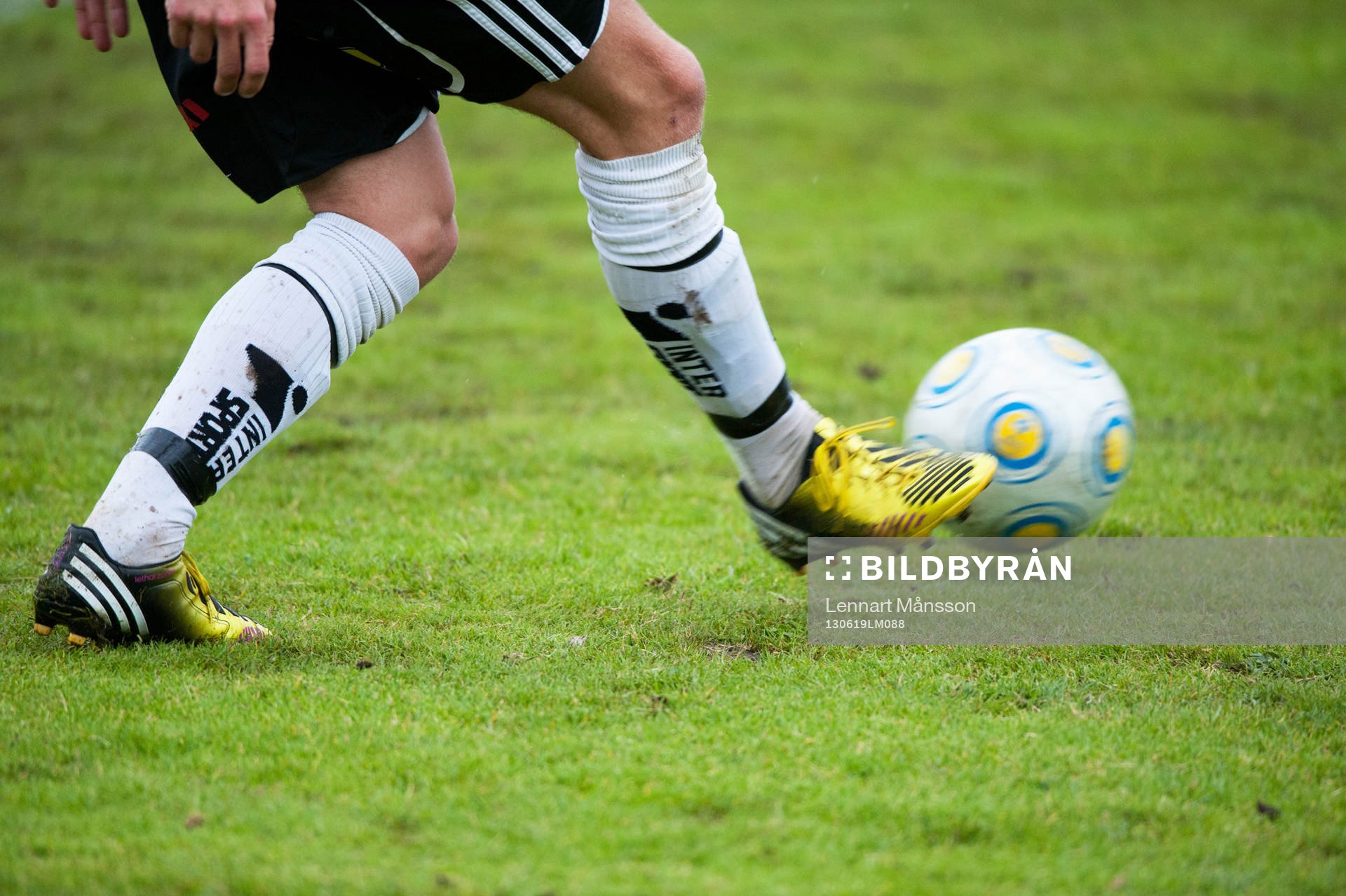 Fot, fötter, fotbollsskor Adidas, bredsida, boll, gräs