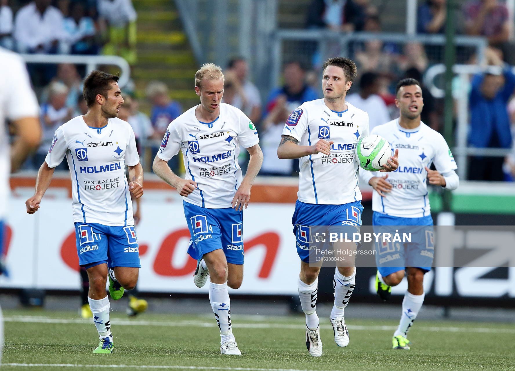 mål Norrköpings Gunnar Heidar Thorvaldsson, här med Norrköpings Christopher Telo (v), Norrköpings Andreas Johansson, han själv och Norrköpings Imad Khalili (h) i matchen mellan IFK Norrköping och IFK Göteborg i Allsvenskan i fotboll den 20 juni 2013 i Norrköping.