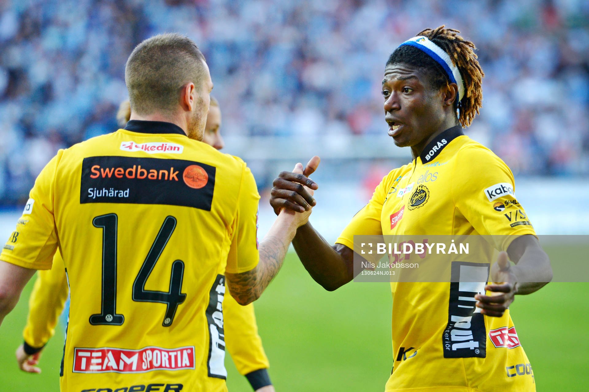 Elfsborgs Mohamed Bangura firas efter att han gjort 1-1 under fotbollsmatchen i Allsvenskan mellan Malmö FF och Elfsborg den 24 juni 2013 i Malmö.