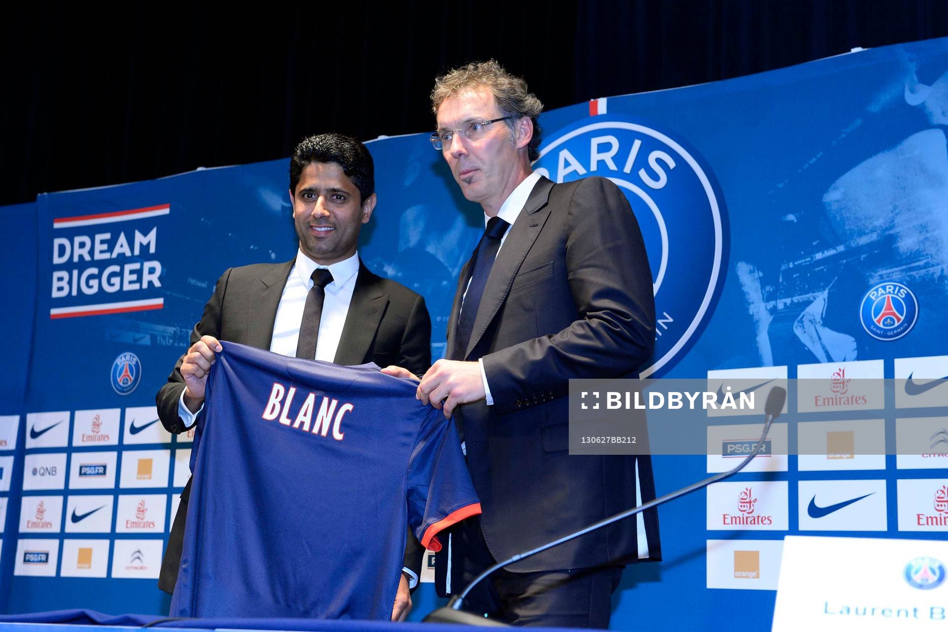  Fotboll, Paris Saint German: Nasser Al Khelaifi / Laurent BLANC - 27.06.2013 - Presentation du nouvel entraineur du Paris Saint Germain - Conference de Presse - 