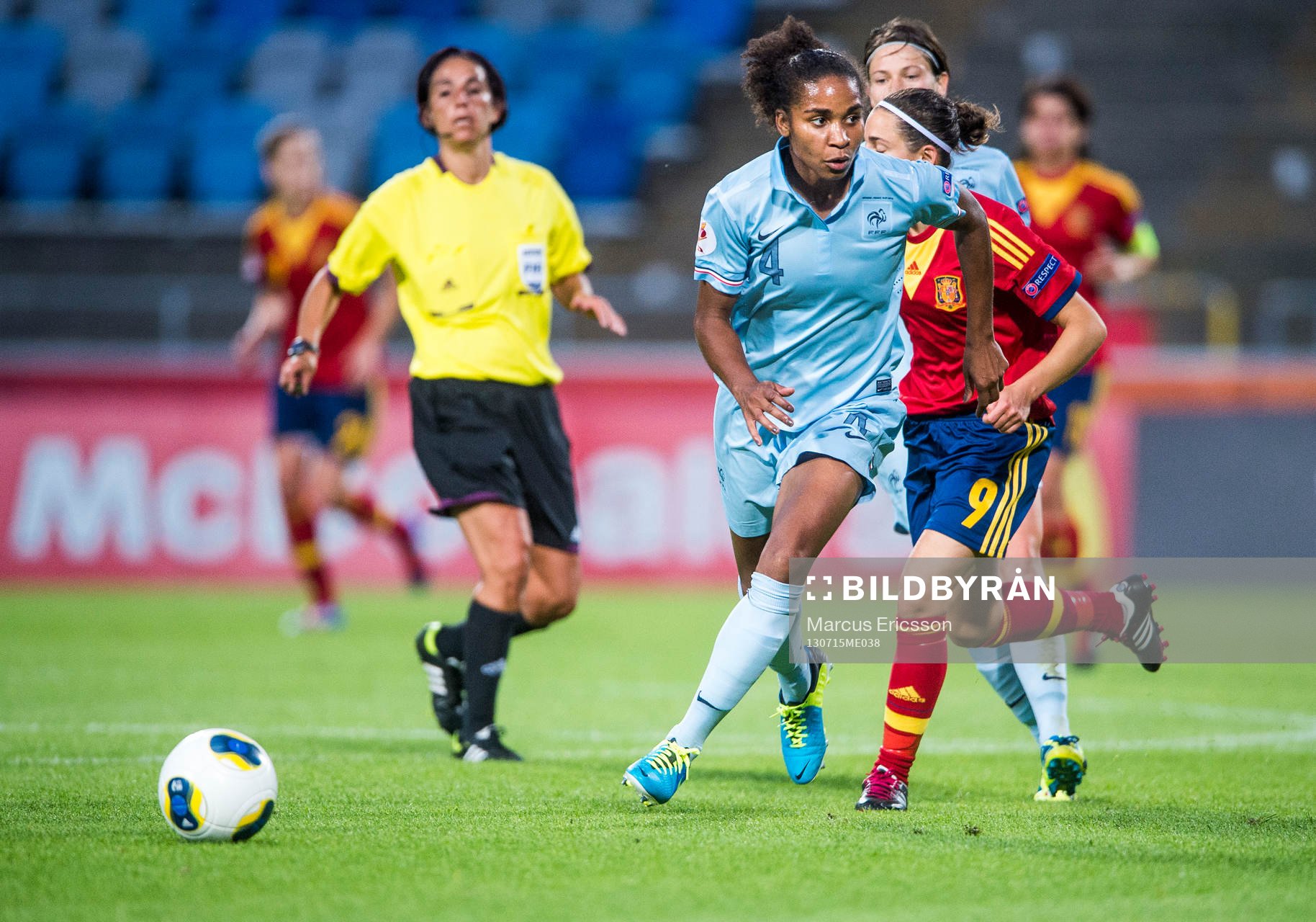 Franrkrikes Laura Georges i matchen mellan Spanien och Frankrike under dam-EM i fotboll den 15 juli 2013 i Norrköping.