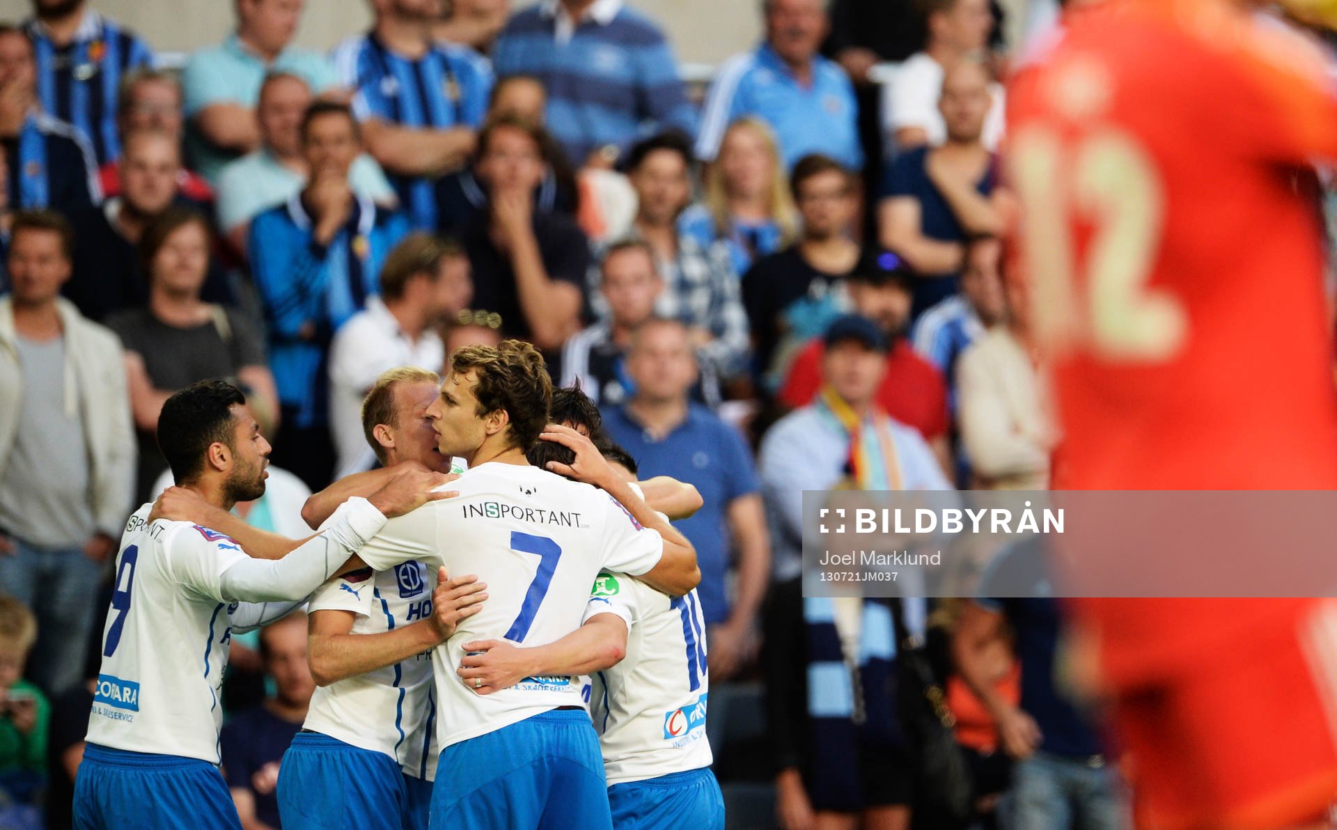 Jubel bland Norrköpingsspelarna efter att Gunnar Heidar Thorvaldsson, gjort 1-2 under fotbollsmatchen i Allsvenskan mellan Djurgården och Norrköping den 21 juli 2013 i Stockholm.