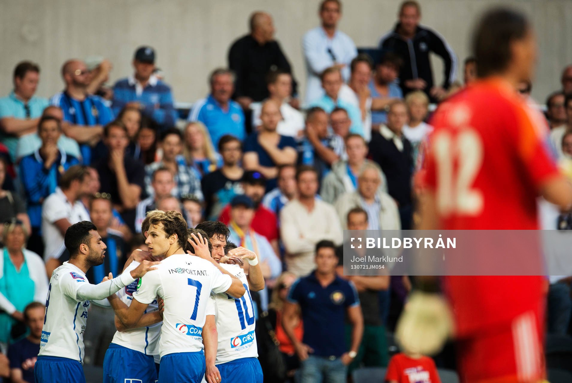 Norrköpings Gunnar Heidar Thorvaldsson jublar tillsammans med lagkamrater efter sitt 1-2-mål under fotbollsmatchen i Allsvenskan mellan Djurgården och Norrköping den 21 juli 2013 i Stockholm.