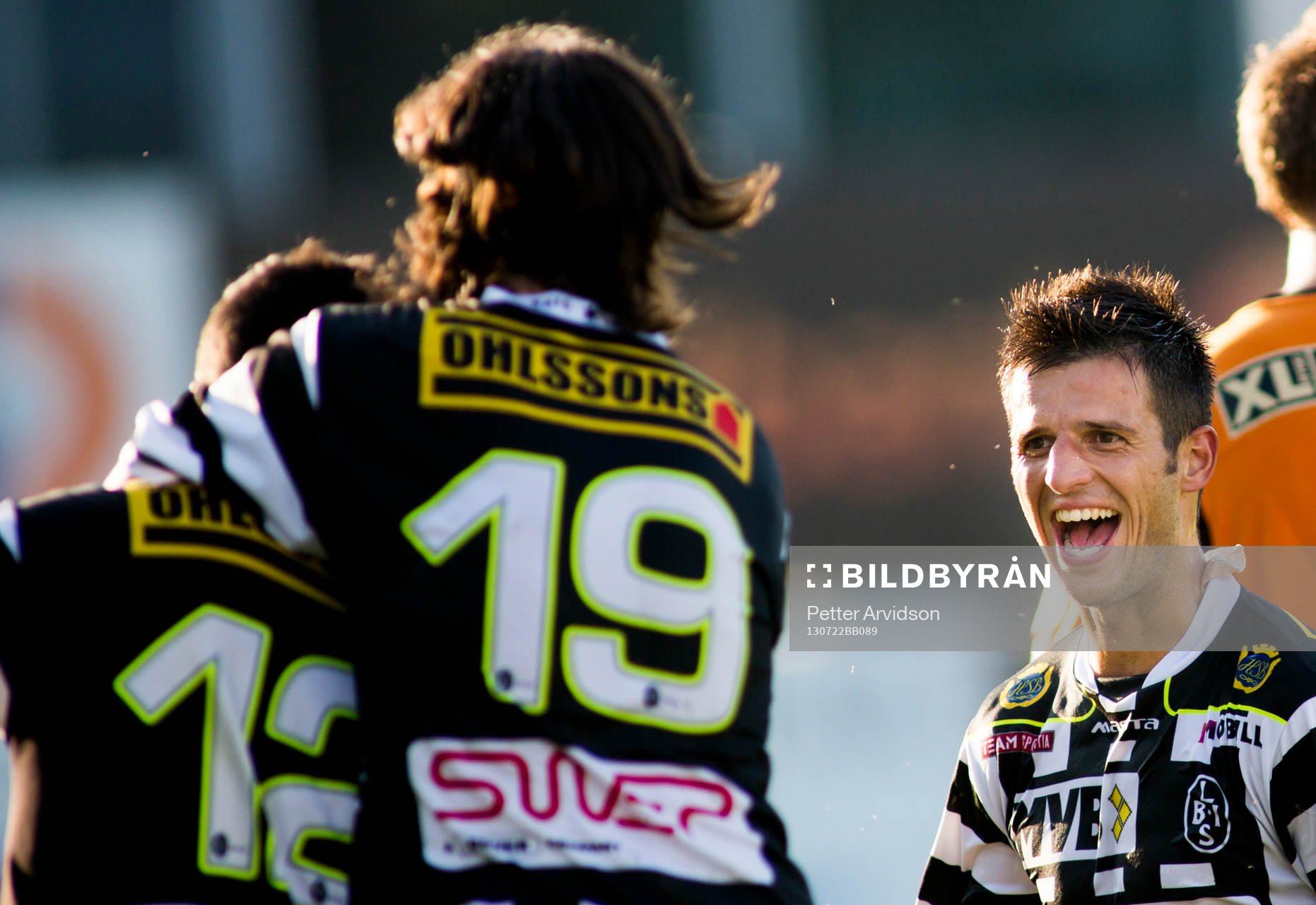 Landskronas Alexander Nilsson gör 3-0 och jublar tillsammans med Christoffer Tapper Holter och Liridon Leci i fotbollsmatchen i Superettan mellan Landskrona och Varberg den 22 juli 2013 i Landskrona.