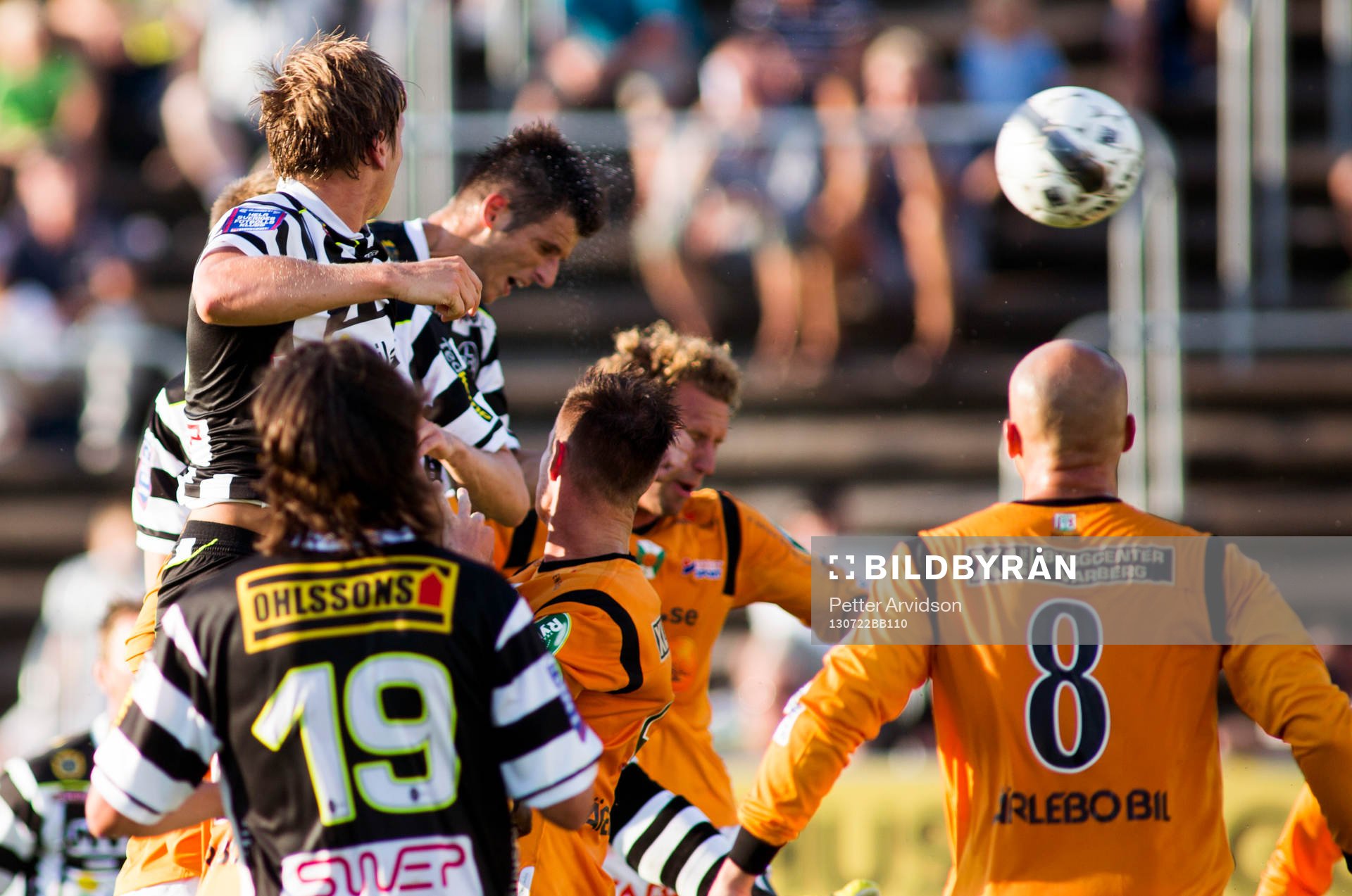 Landskronas Liridon Leci nickar in 2-0 i fotbollsmatchen i Superettan mellan Landskrona och Varberg den 22 juli 2013 i Landskrona.