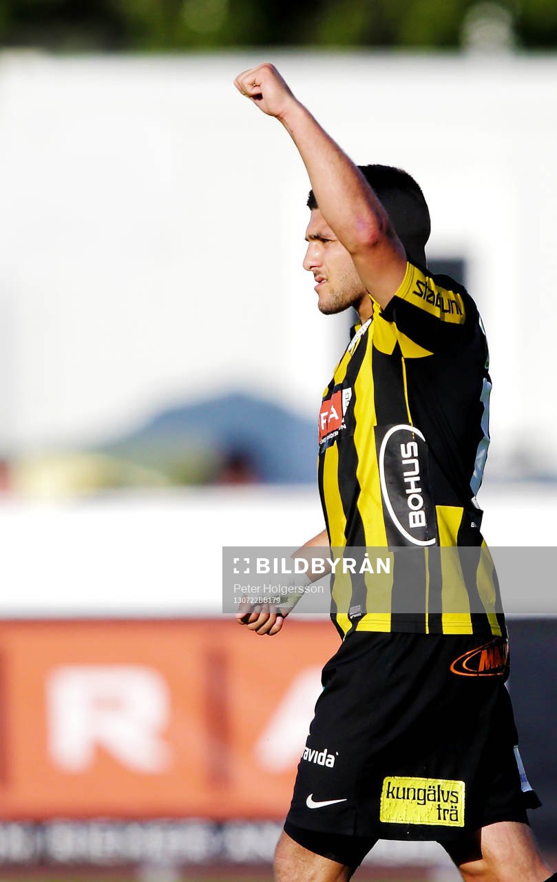 Mål 1-1 av Häckens  Moestafa El Kabir som jublar i matchen mellan Häcken och AIK i Allsvenskan i fotboll den 22 juli 2013 i Göteborg.