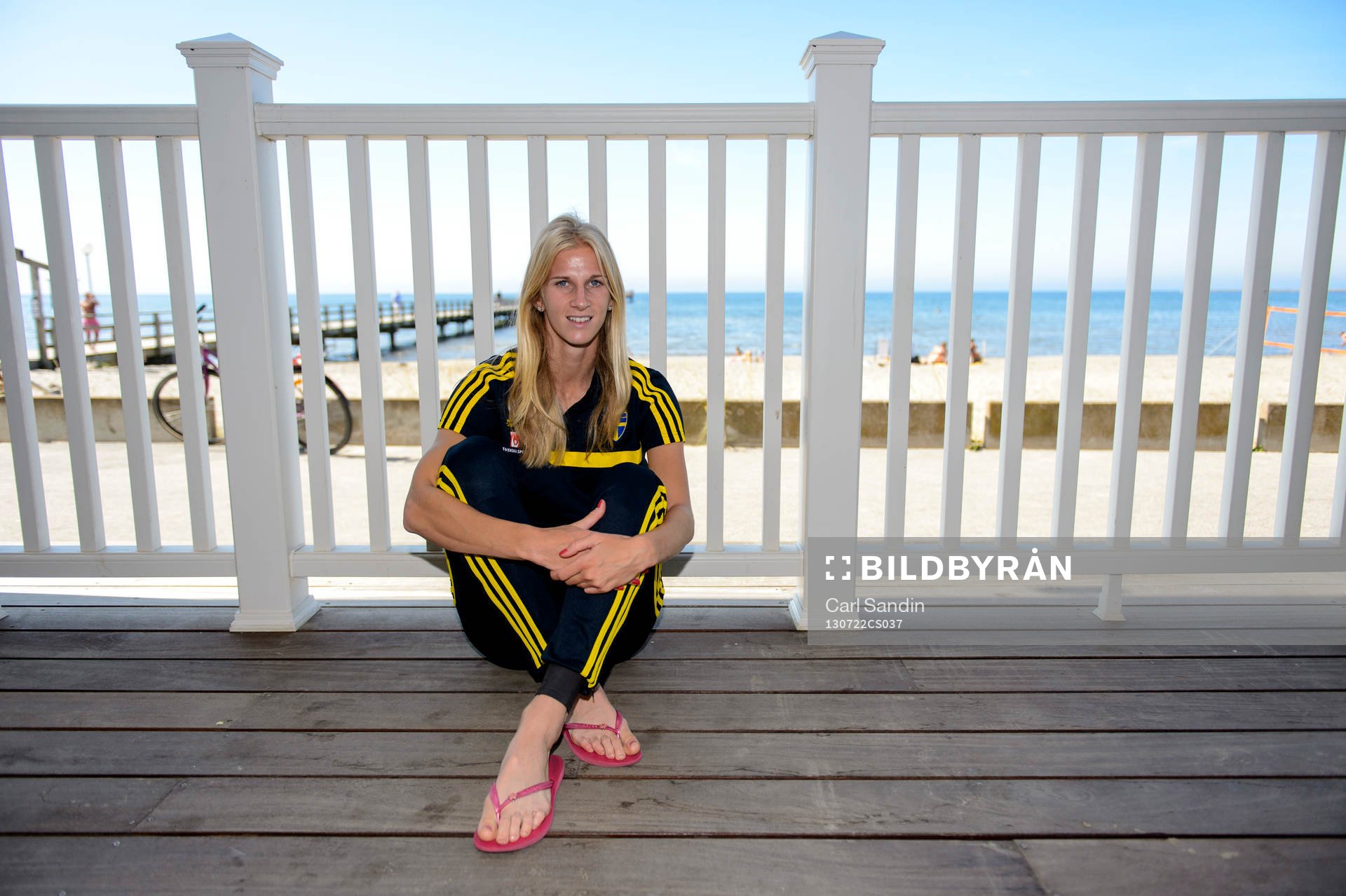 Sveriges Sofia Jakobsson under pressträffen på spelarhotellet 22 juli 2013 i Falkenberg.