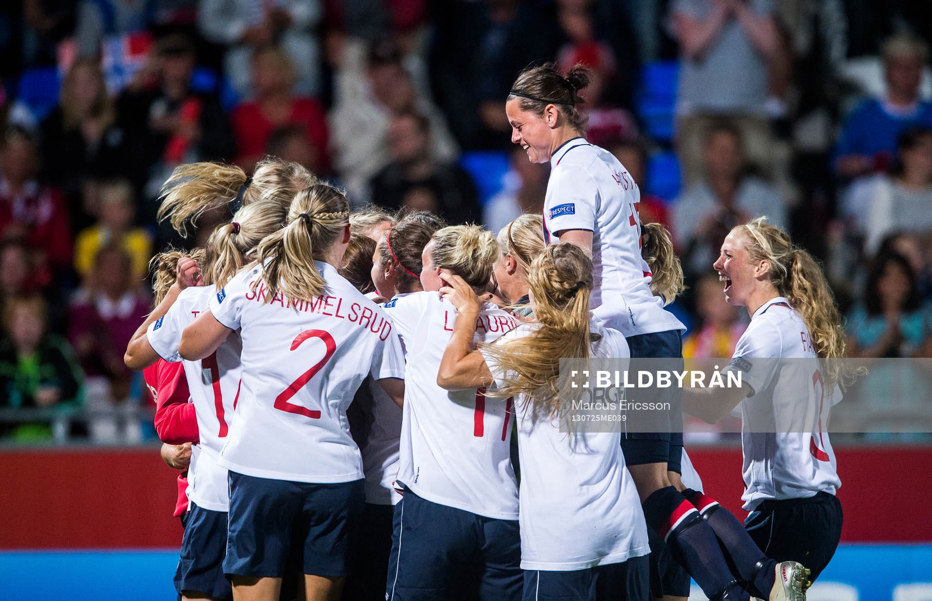 Segerjubel i Norge efter straffar i matchen mellan Norge och Danmark under dam-EM i fotboll den 25 juli 2013 i Norrköping.