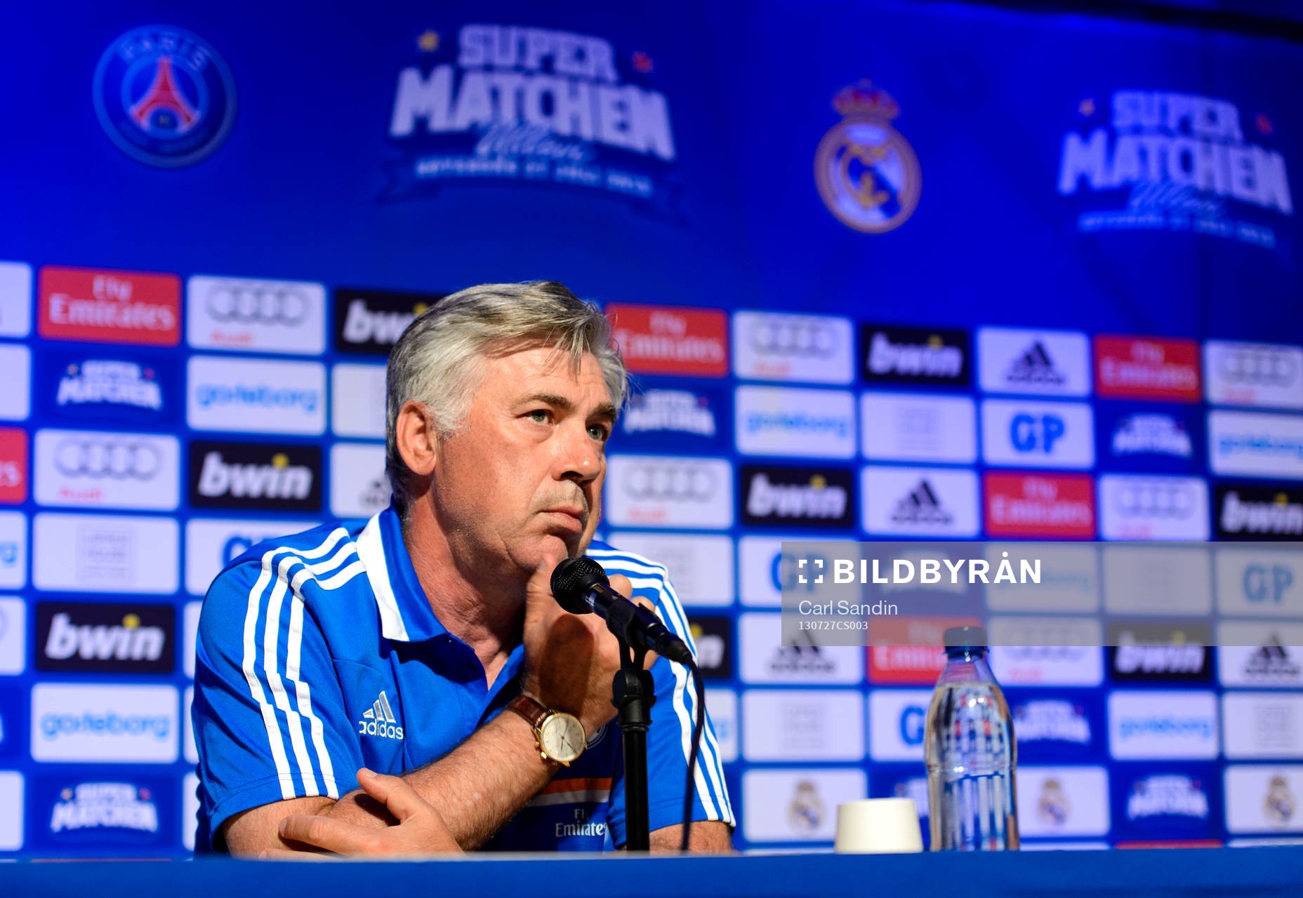 Real Madrids tränare Carlo Ancelotti under presskonferensen inför matchen mellan Real Madrid och Paris Saint-Germain  27 juli 2013 i Göteborg.