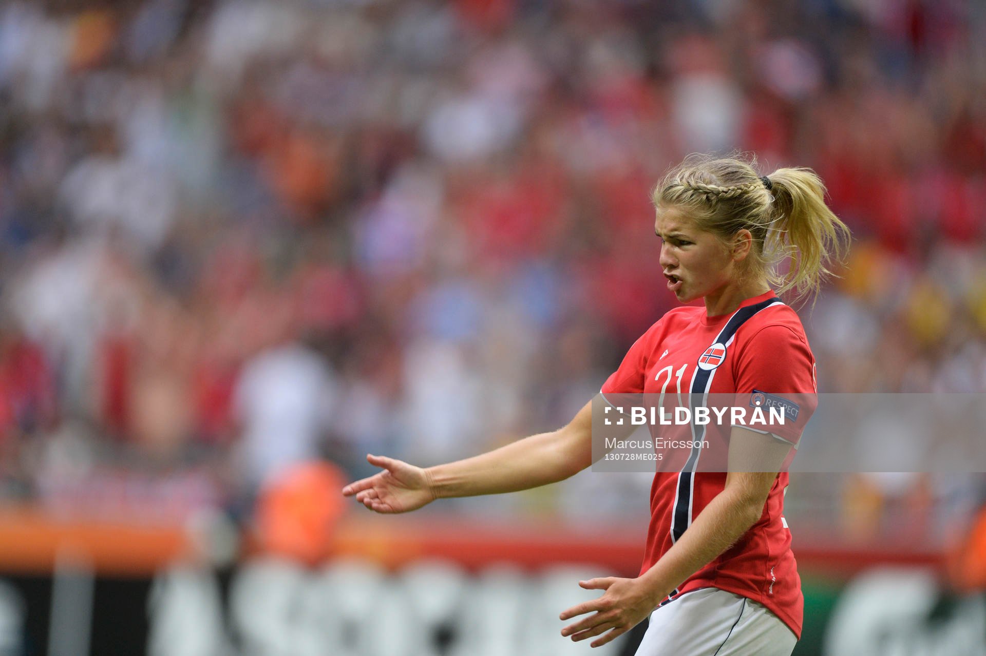 Norges Ada Hegerberg jublar men målet döms bort i matchen mellan Tyskland och Norge under dam-EM finalen i fotboll den 28 juli 2013 i Stockholm.