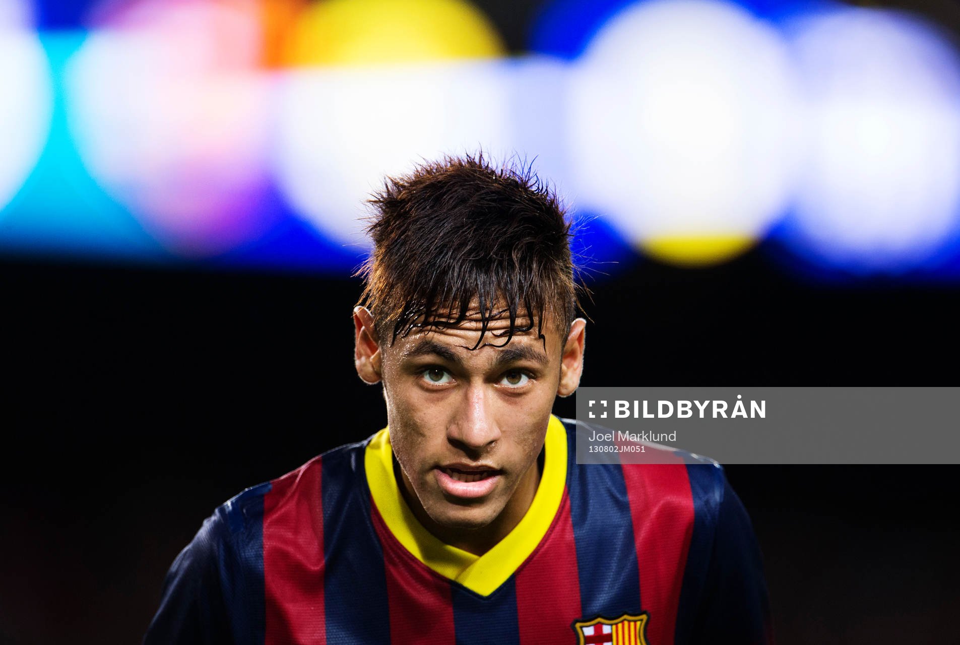 Barcelonas Neymar Jr under fotbollsmatchen mellan Barcelona och Santos i Joan Gamper Trophy den 2 augusti 2013 i Barcelona, Spanien.