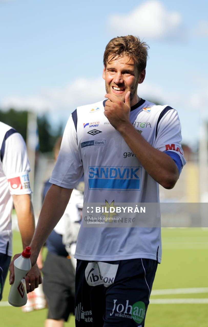 Gefles Mikael Dahlberg målgörare 1-0 i fotbollsmatchen mellan Åtvidaberg och Gefle i Allsvenskan den 04 augusti 2013 i Åtvidaberg.