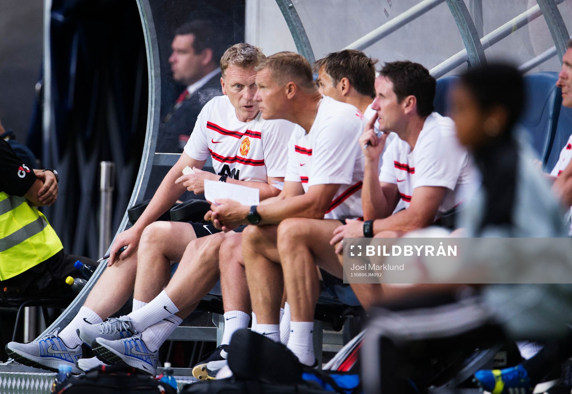 Manchester Uniteds tränare David Moyes (v) under fotbollsmatchen mellan AIK och Manchester United den 6 augusti 2013 i Stockholm.