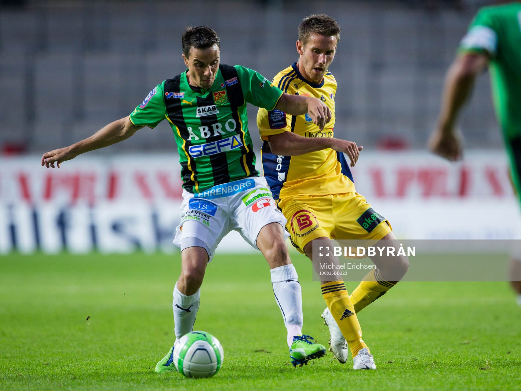 GAIS Daniel Mendes i kamp med Ängelholms Björn Westerblad under fotbollsmatchen i Superettan mellan GAIS - Ängelholm den 15 augusti 2013 i Göteborg.