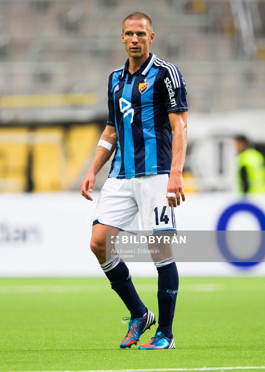 Djurgårdens Mattias Östberg under fotbollsmatchen i Allsvenskan mellan Djurgården och Häcken den 18 augusti 2013 i Stockholm. 