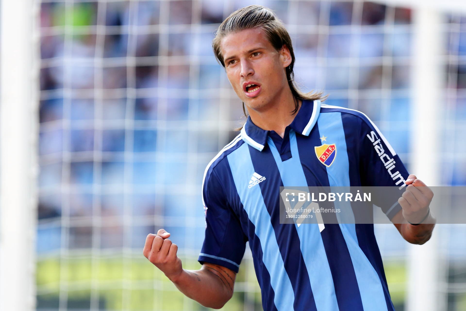 Djurgårdens Aleksandar Prijovic jublar efter att ha gjort 0-1 i fotbollsmatchen mellan Norrköping och Djurgården i Allsvenskan i fotboll den 22 augusti 2013 i Norrköping.