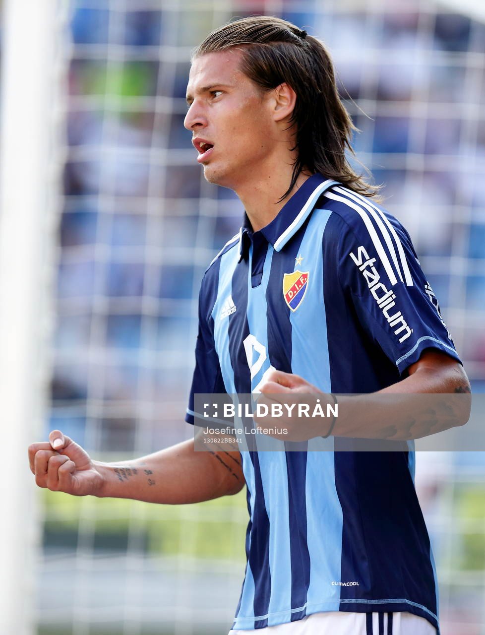 Djurgårdens Aleksandar Prijovic jublar efter att ha gjort 0-1 i fotbollsmatchen mellan Norrköping och Djurgården i Allsvenskan i fotboll den 22 augusti 2013 i Norrköping.