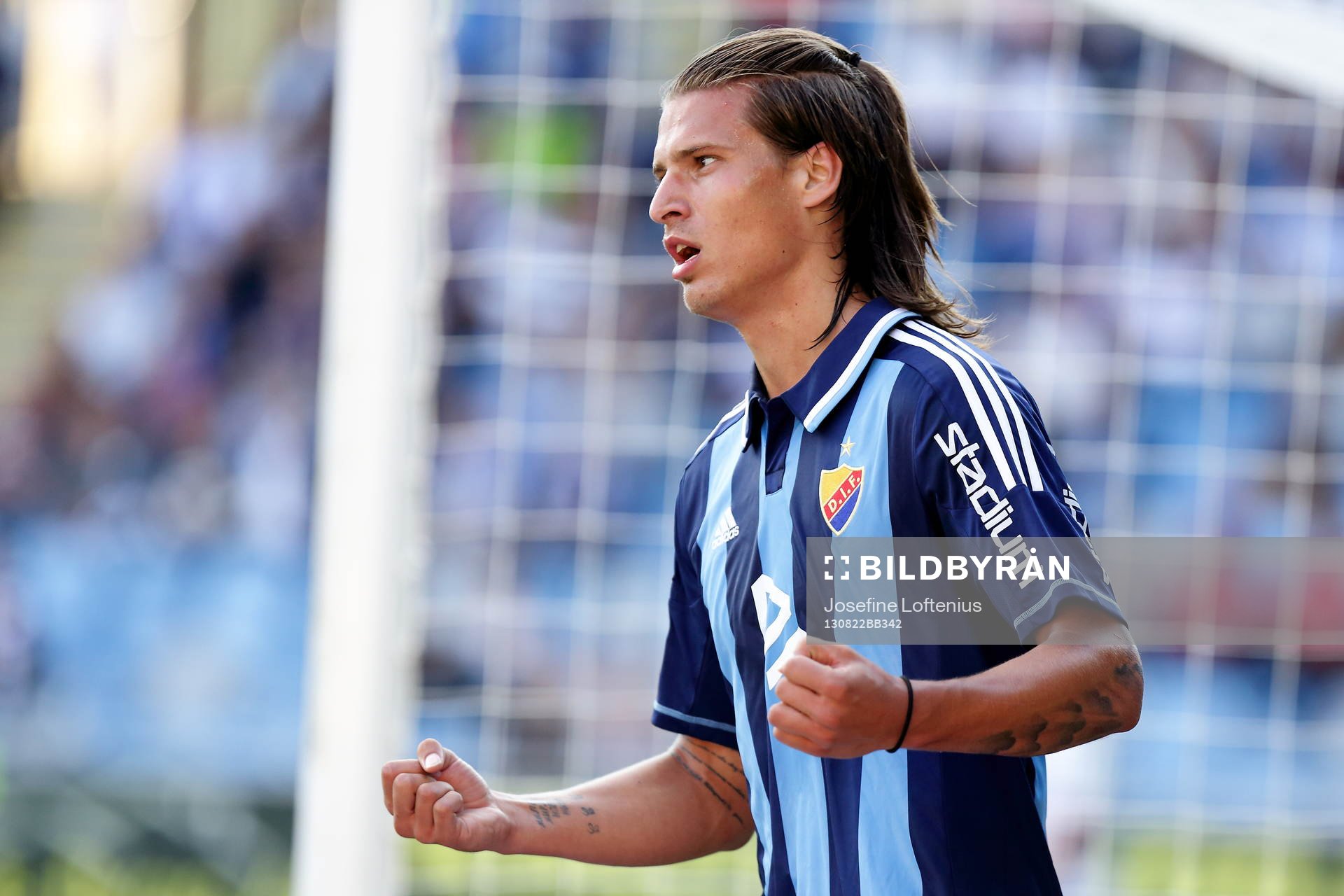 Djurgårdens Aleksandar Prijovic jublar efter att ha gjort 0-1 i fotbollsmatchen mellan Norrköping och Djurgården i Allsvenskan i fotboll den 22 augusti 2013 i Norrköping.
