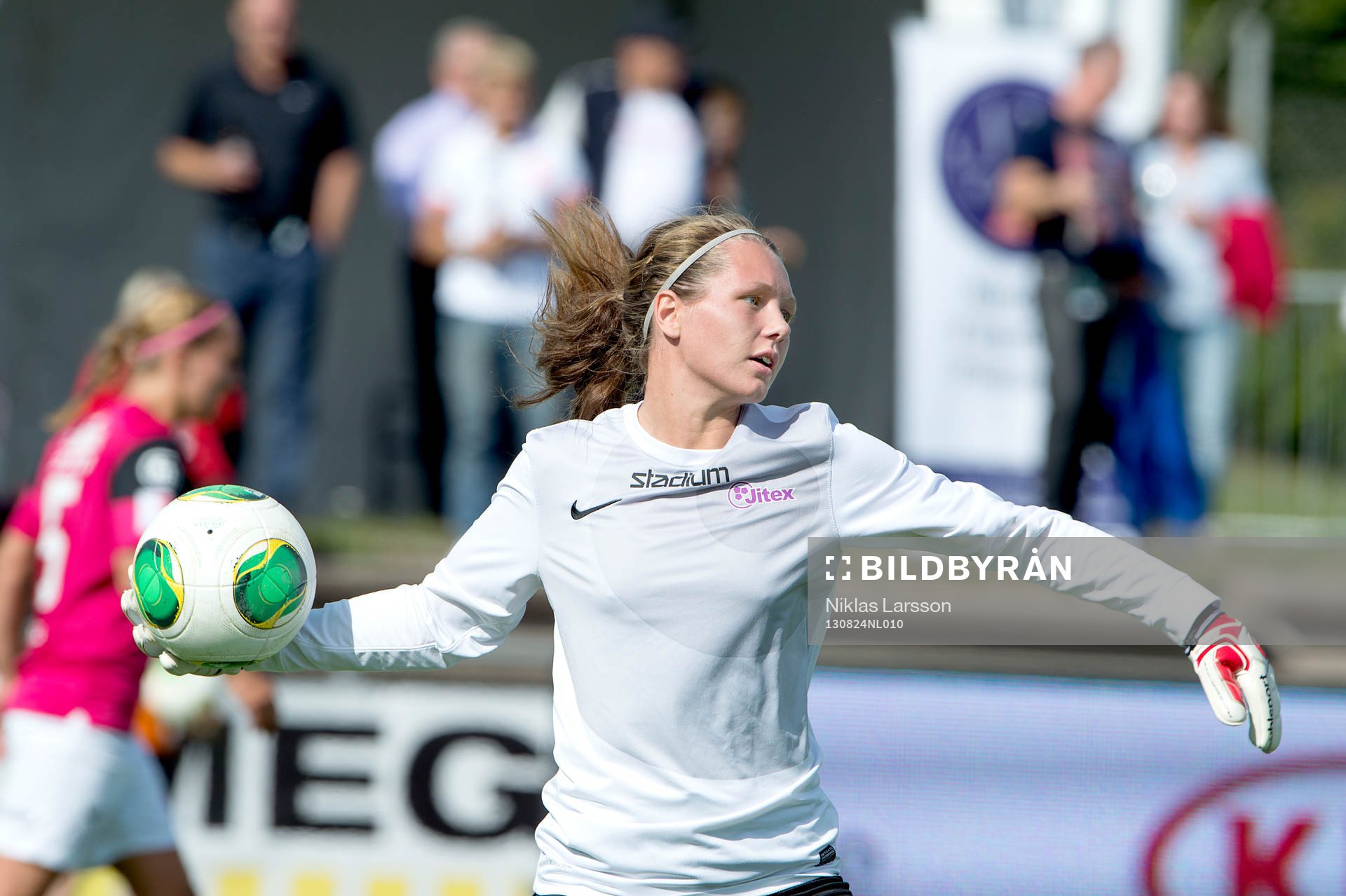 Jennifer Falk, målvakt Jitex under en fotbollsmatch i damallsvenskan mellan Tyresö och Jitex, den 24 augusti 2013 i Stockholm, Sverige. 